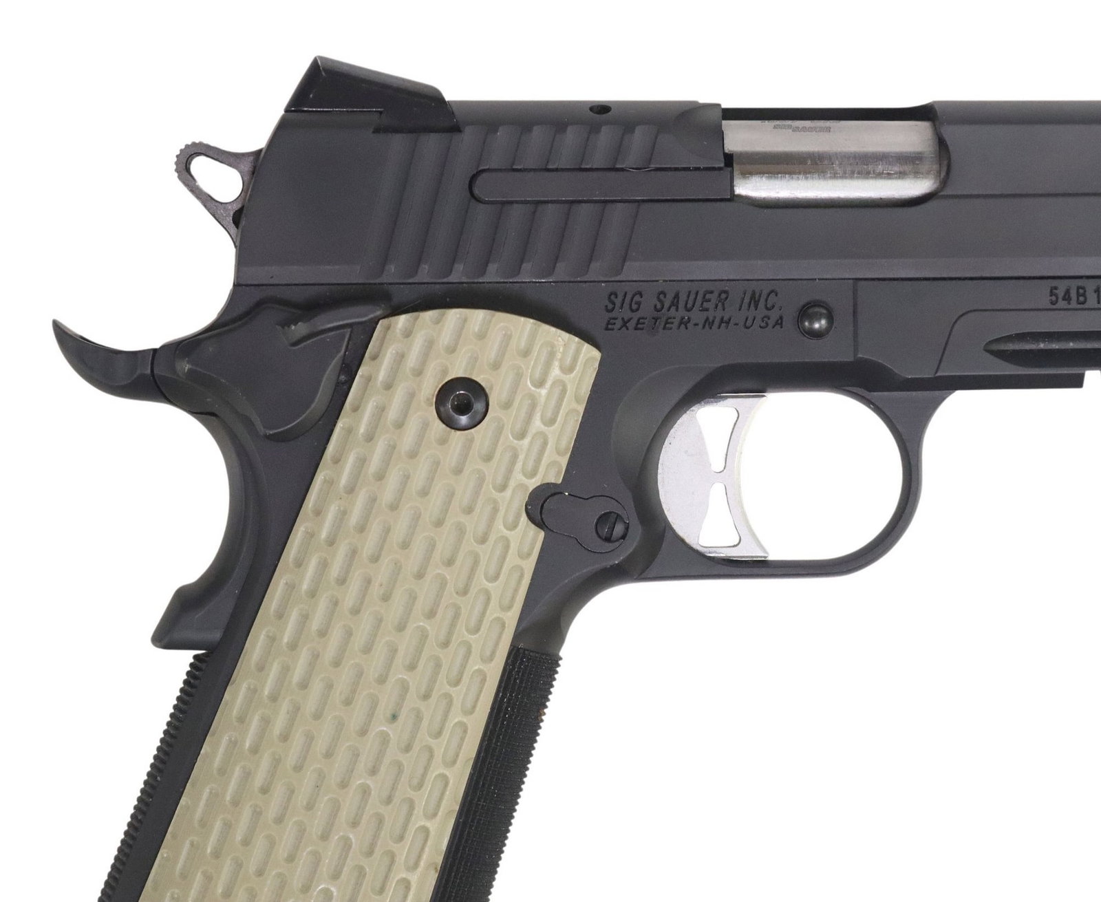 SIG SAUER M1911 .357CAL PISTOL: Sig Sauer Model 1911, .357 Sig caliber (never .357Mag or .40S&W), 5" barrel, adjustable white dot sights, lower accessory rail, safety grip, plastic grips, black steel, comes with one Si