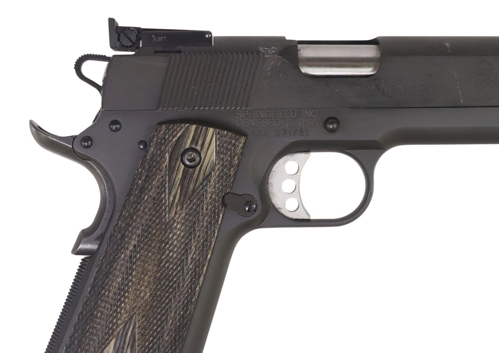 SPRINGFIELD ARMORY 1911 A1 .45ACP PISTOL: Springfield Armory Model 1911-A1 Pistol, .45ACP caliber, 5" barrel, adjustable front and rear sights, safety grip, later plastic grips and original Springfield Armory wood grips, two magazines, h