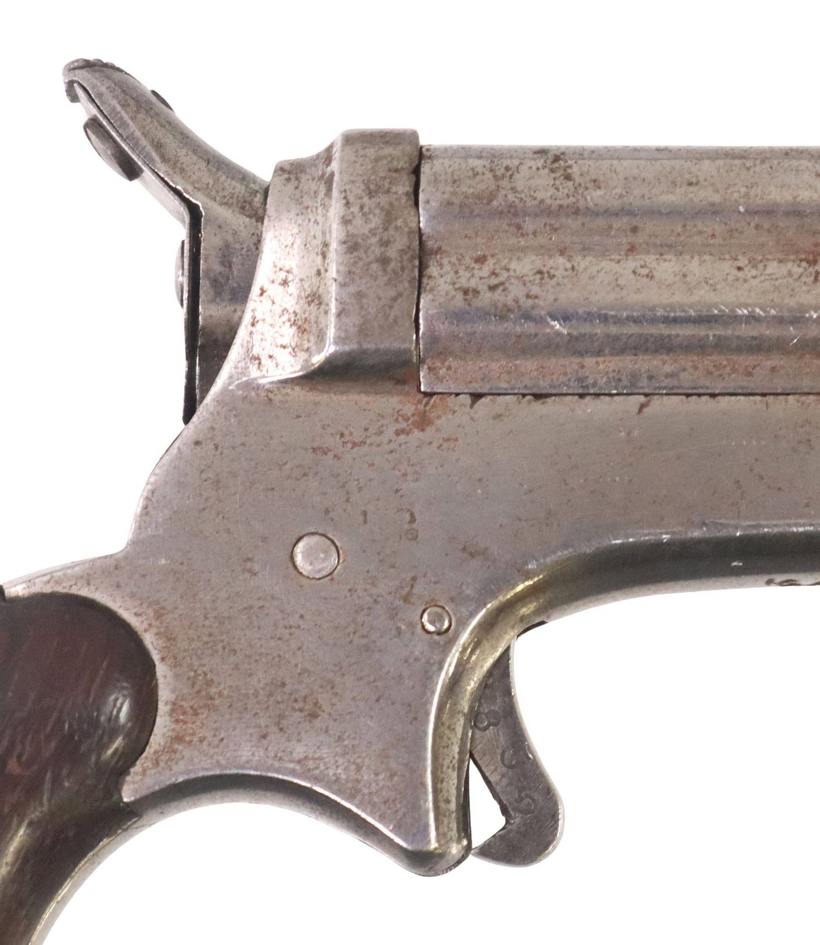 C. SHARPS FOUR BARREL PEPPERBOX PISTOL: C. Sharps Pepperbox Pistol, mfg. 1860's, .22RF caliber, 2.5" four barrels slide forward with barrel release at underside of frame for loading, the hammer with a rotating face, 
