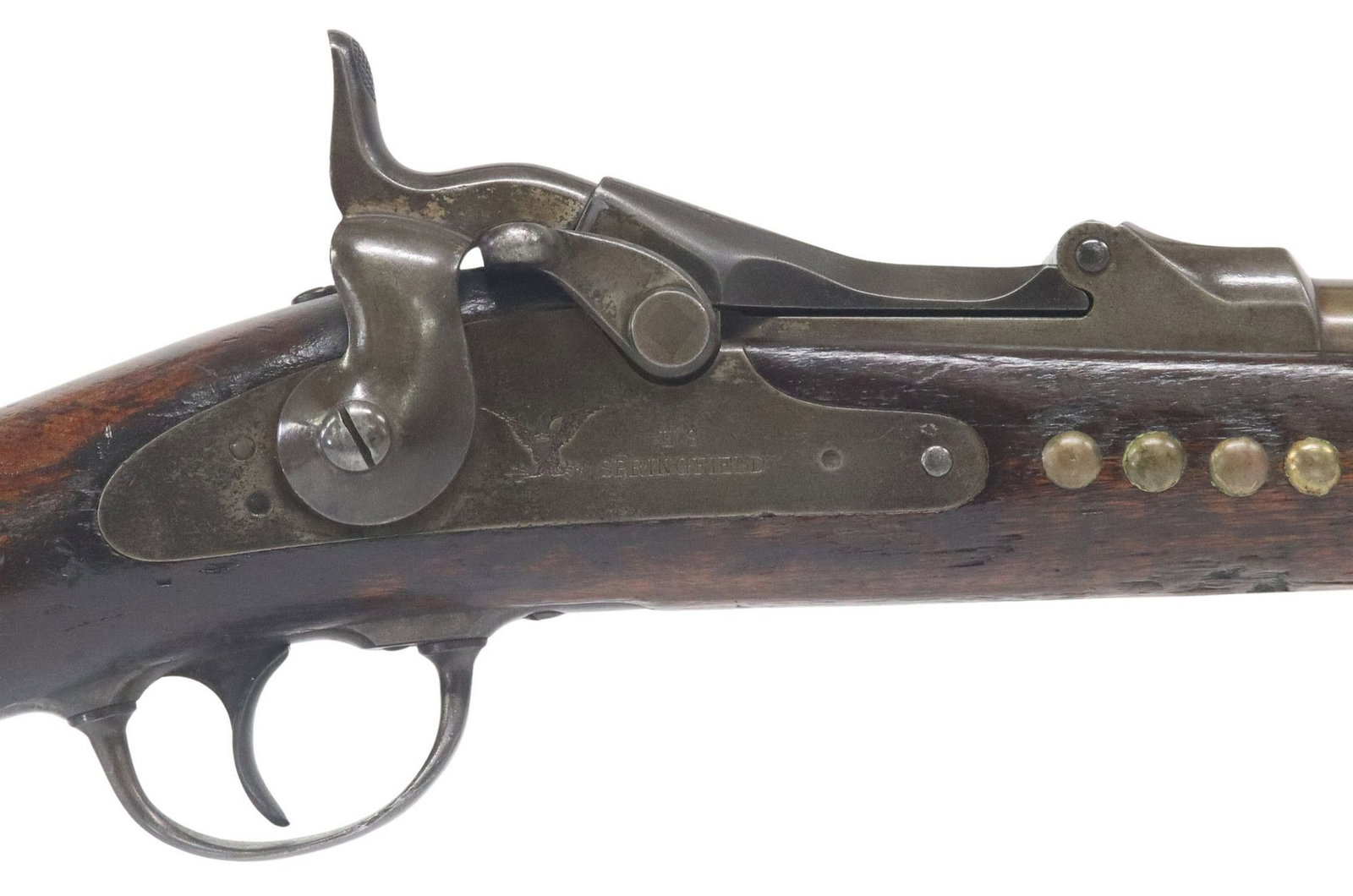 U.S. SPRINGFIELD TRAPDOOR CARBINE, SADDLE RING: U.S. Model 1879 Trapdoor Carbine, mfg. Jan-March, 1883, 45.70 caliber, a 22" barrel, blade front sight, single barrel band, adjustable rear sight with "C", the barrel marked in fro
