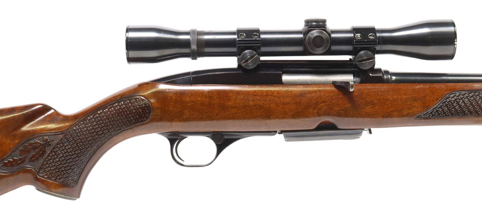 WINCHESTER M100 RIFLE, .308WIN, SCOPE, FANCY STOCK: Winchester Model 100 Rifle, .308 Win caliber, mfg. 1966, auto load, 22" barrel, hooded front sight, adjustable rear sight, mounted Weaver K4 60-B scope, high grade figured stock with oak leaves a