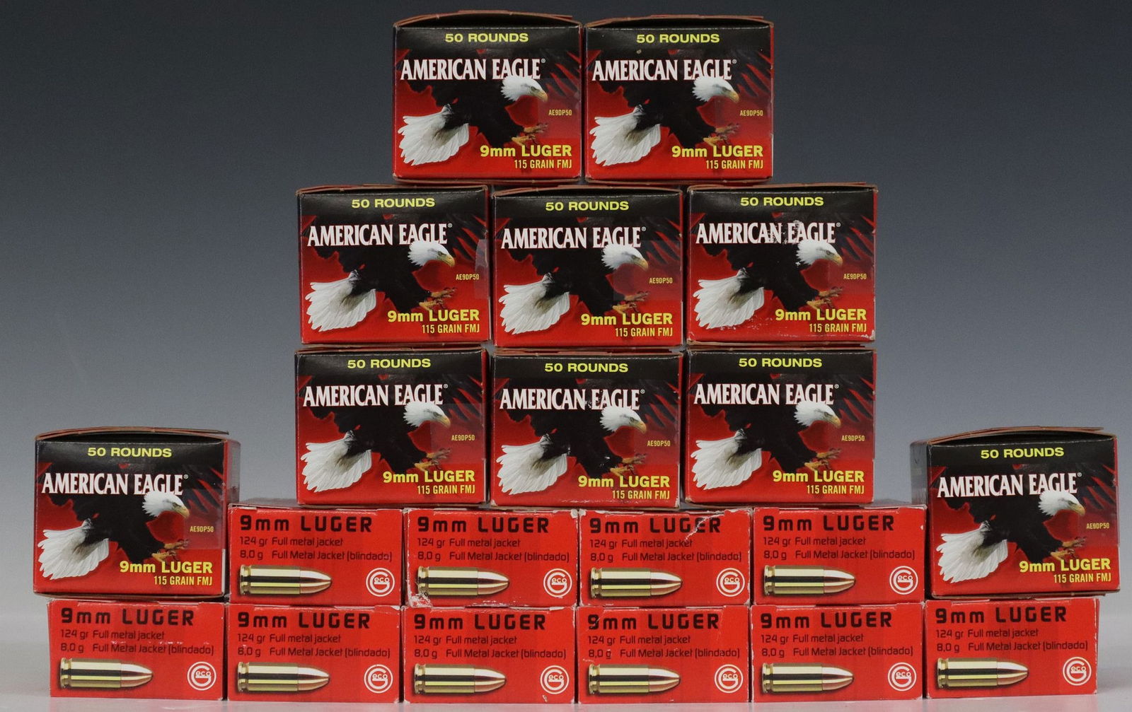 (1000) AMMO 9MM, GECO & FEDERAL AMERICAN EAGLE: (lot of 1000) Ammunition: (500) Geco 9MM Luger, 124gr FMJ housed in ten boxes of 50 each; (500) Federal American Eagle 9MM Luger, 115gr FMH housed in ten boxes of 50 each, for shipping largest m