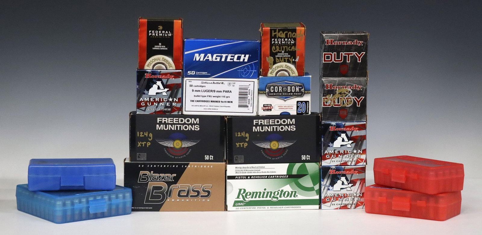(744) AMMO 9MM LUGER: (lot of 724 rounds) Ammunition: (50)Sellier & Bellot 9mm Luger 115gr FMJ; (75) Hornady Gunner 9mm Luger + P 124gr XTP; (70) Hornady Critical Duty 9mm Luger + P 125gr Flex Lock, 20 are in a Fe