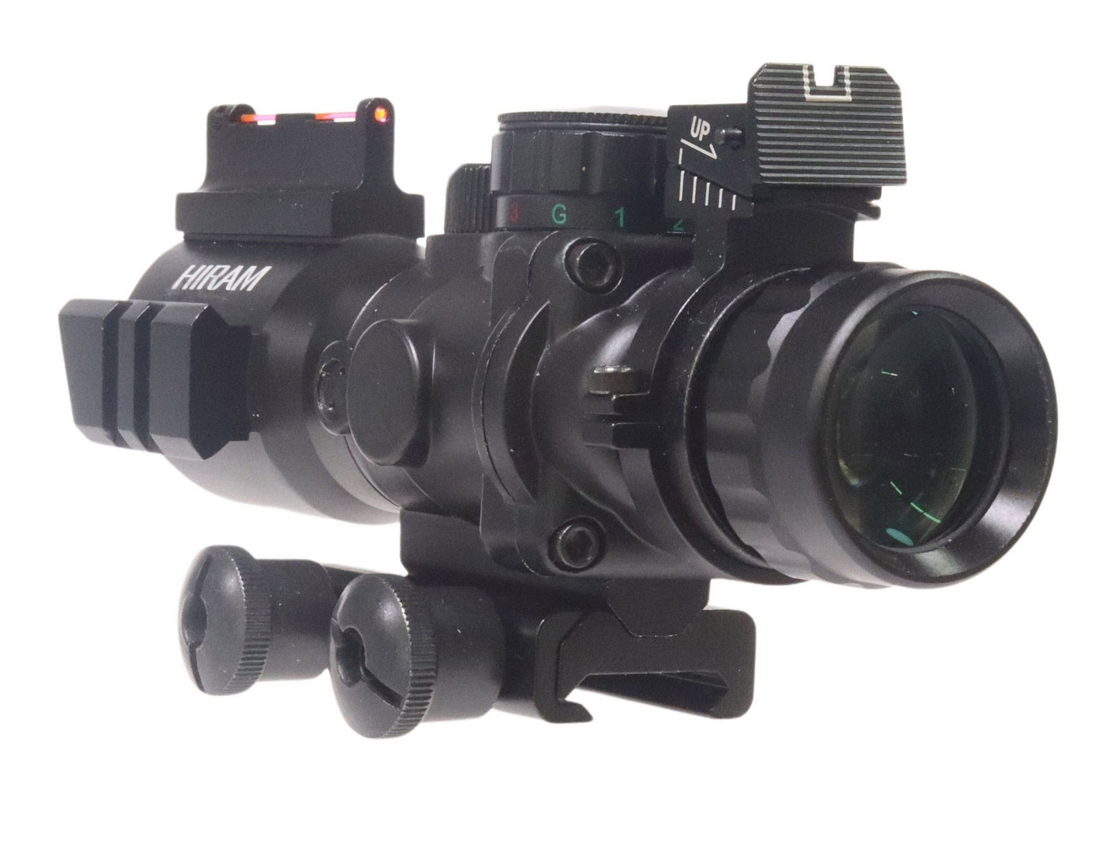 HIRAM 4x32 TACTICAL RED DOT RIFLE SCOPE: Hiram 4x32 Tactical Prismatic Red Dot Rifle Scope, fiber optic upper sight, lower part with 4X magnification, red/green brightness settings, "reticle is fixed at 100 yards and ranges out to 600 y