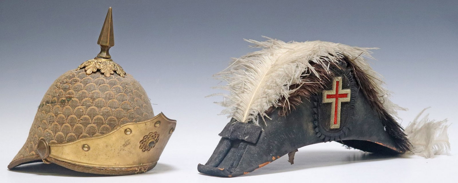 (2) ANTIQUE AMERICAN FRATERNAL REGALIA PLUMED HAT & PICKELHAUBE HELMET: (lot of 2) American masonic/ fraternal regalia headwear, late 19th/ early 20th c., including: (1) pickelhaube style helmet, Henderson-Ames Company, Kalamazoo, Michigan, having gilt metal spike and vis