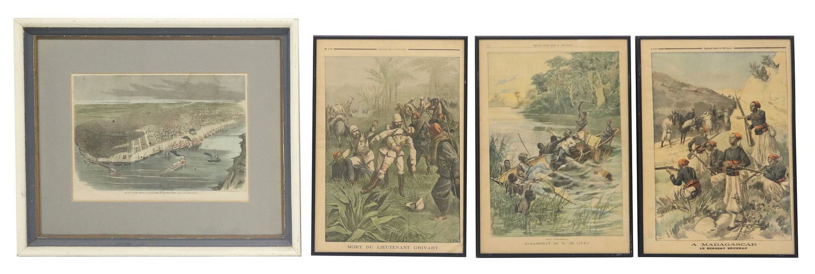 (4) PRINTS: NEW ORLEANS TAKEN BY UNION FORCES & FRENCH NEWSPAPER ILLUSTRATIONS: (lot of 4) Framed prints on paper, including: (1) "The city of New Orleans, Louisiana, taken by the Union Forces, April 24, 1862," from "Harper's Weekly," sight: approx 10 1/8&