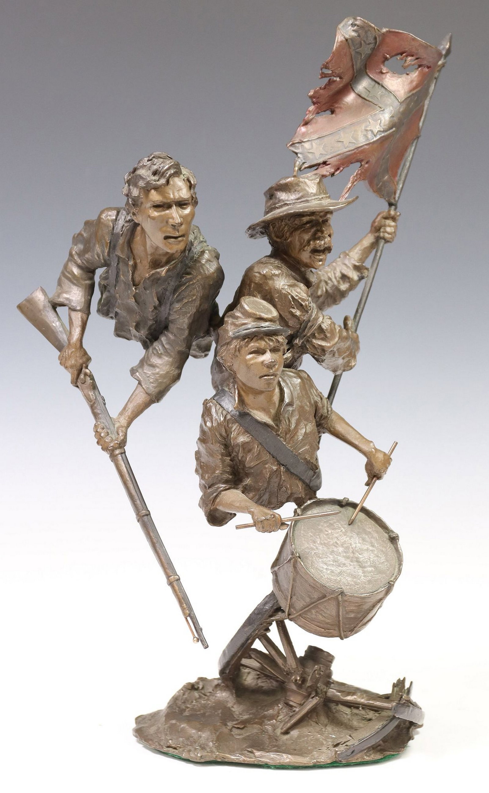 MARK HOPKINS (20TH C.) BRONZE CIVIL WAR SCULPTURE, 'SONS & BROTHERS': Patinated bronze sculpture, "Sons and Brothers," signed in cast Mark Hopkins (Colorado/ Georgia, 20th c.), dated [19]92, numbered 236/ 250, approx 17.5"h, 12"w, 6.5"