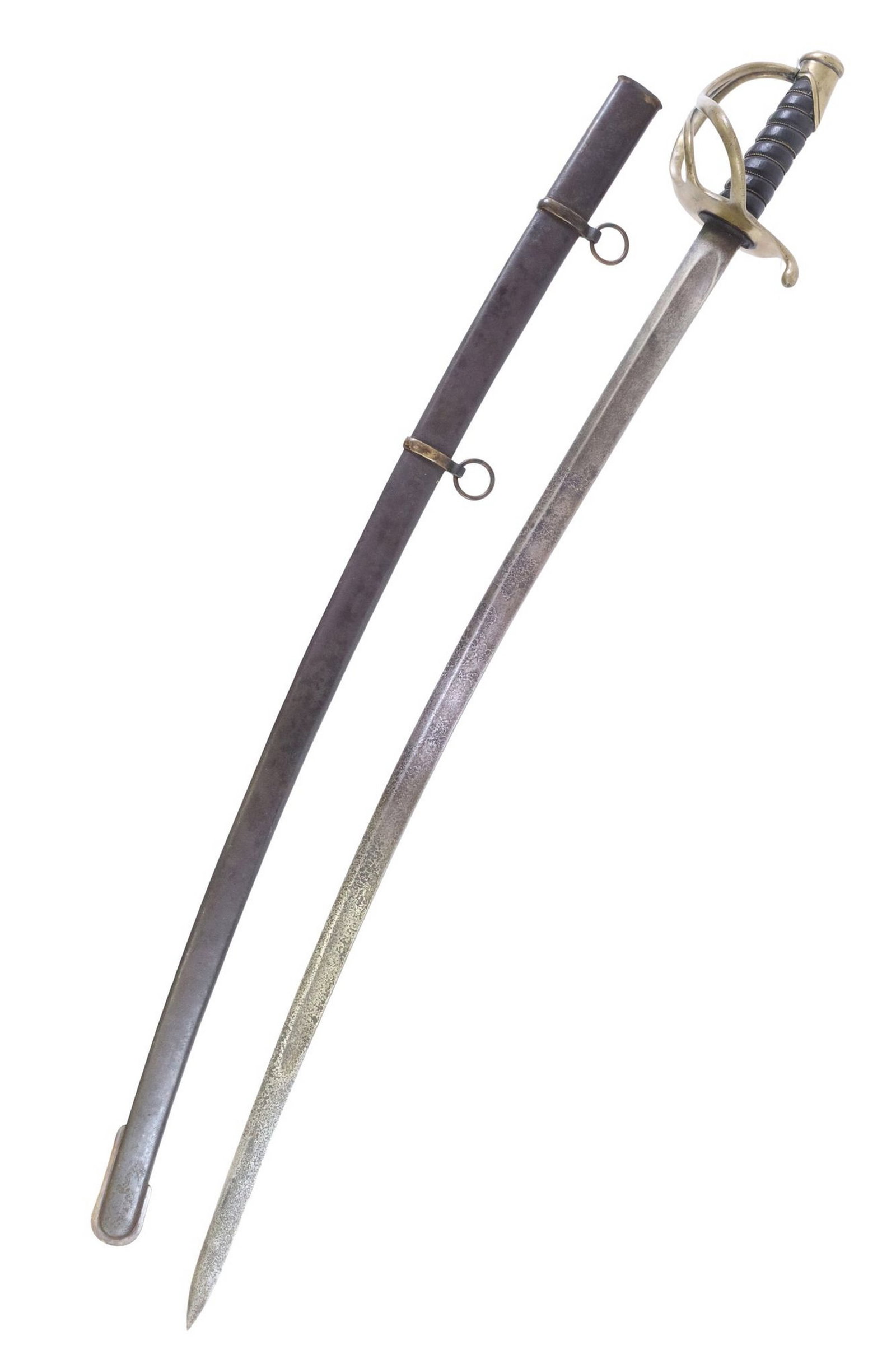 CIVIL WAR M1860 LIGHT CAVALRY SWORD, UNMARKED: Civil War era sword, no maker's markings, the 35" slightly curved blade with unstopped shallow fuller, the blade silver gray with black spotting, three branch guard with the outer branch