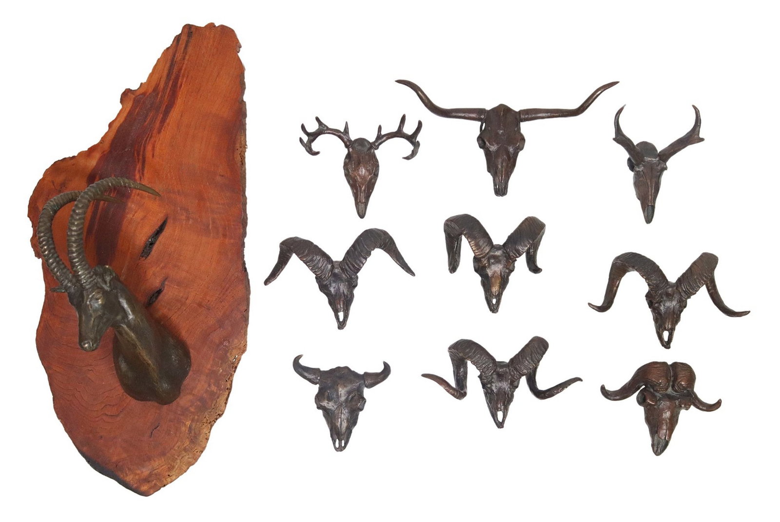 (10) PAMELA HARR (B.1944) WESTERN BRONZE MINIATURE TROPHY SKULLS: (lot of 10) Patinated bronze miniature trophy mount sculptures, including: (9) signed Harr (Pamela Harr, Oregon/ Montana, b.1944), each retaining certificate of authenticity issued by the artist, incl