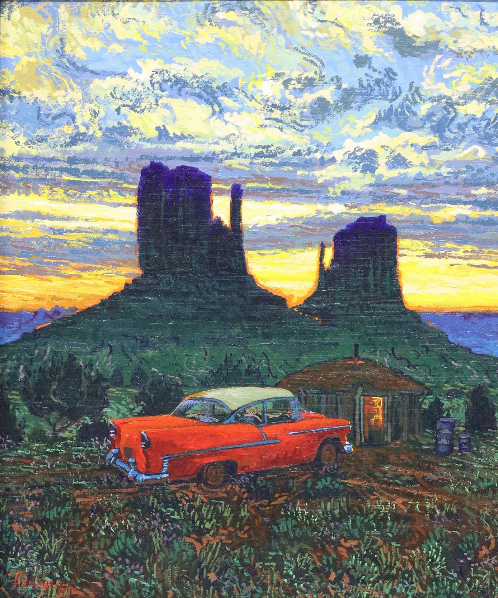 REDWING NEZ (B.1960) ACRYLIC PAINTING MONUMENT VALLEY: Framed acrylic on canvas painting, Monument Valley, signed lower left Redwing (Redwing Ted Nez, Dine/ Navajo, Arizona, b.1960), dated [20]06, sight: approx 23.5"h, 19.5"w, overall: 33.5
