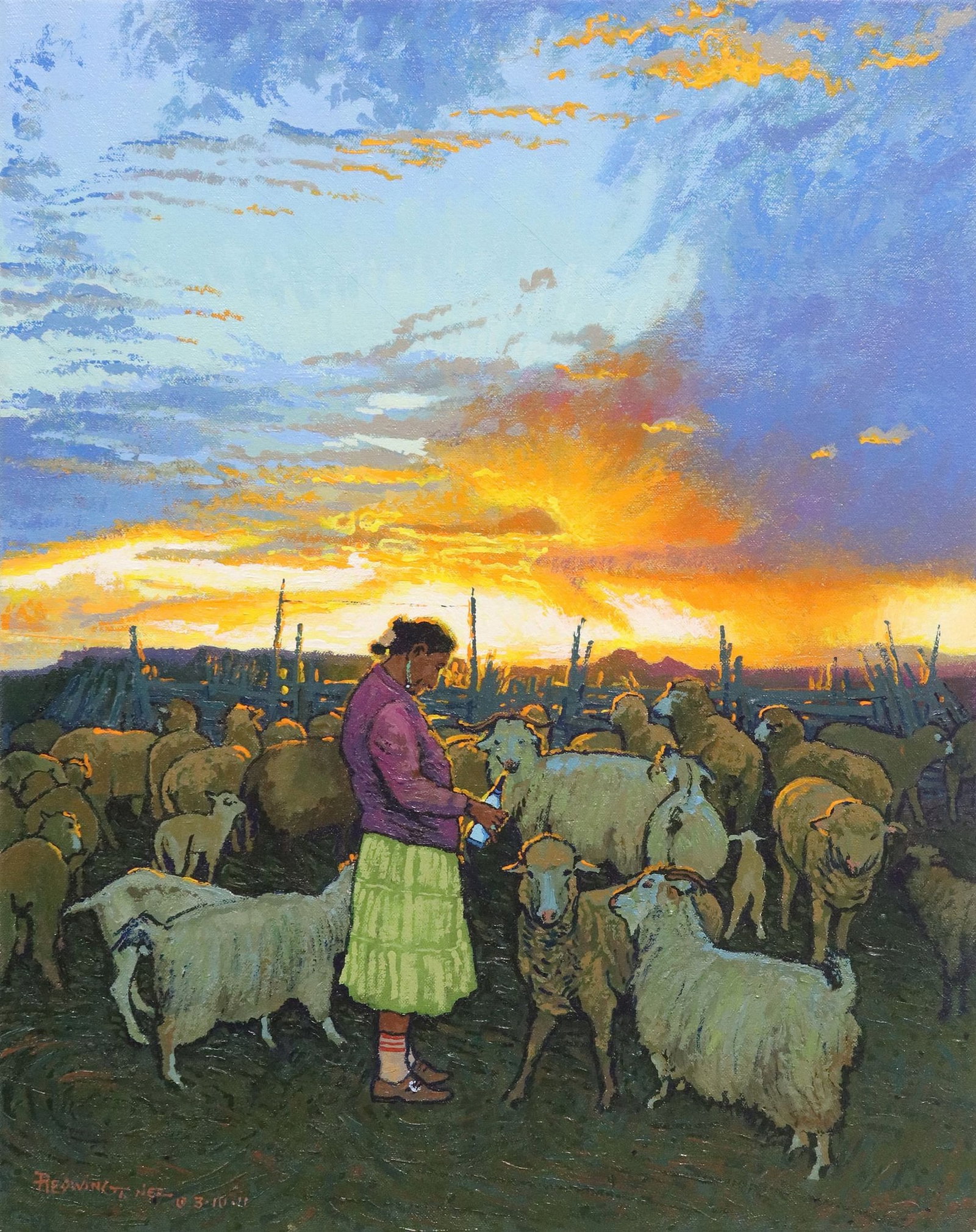 REDWING NEZ (B.1960) ACRYLIC PAINTING NAVAJO SHEPHERDESS: Unframed acrylic on stretched canvas painting, "Lillie's Mohair Milk Fans," signed lower left Redwing T. Nez (Redwing Ted Nez, Dine/ Navajo, Arizona, b.1960), dated 3-10-11, titled 
