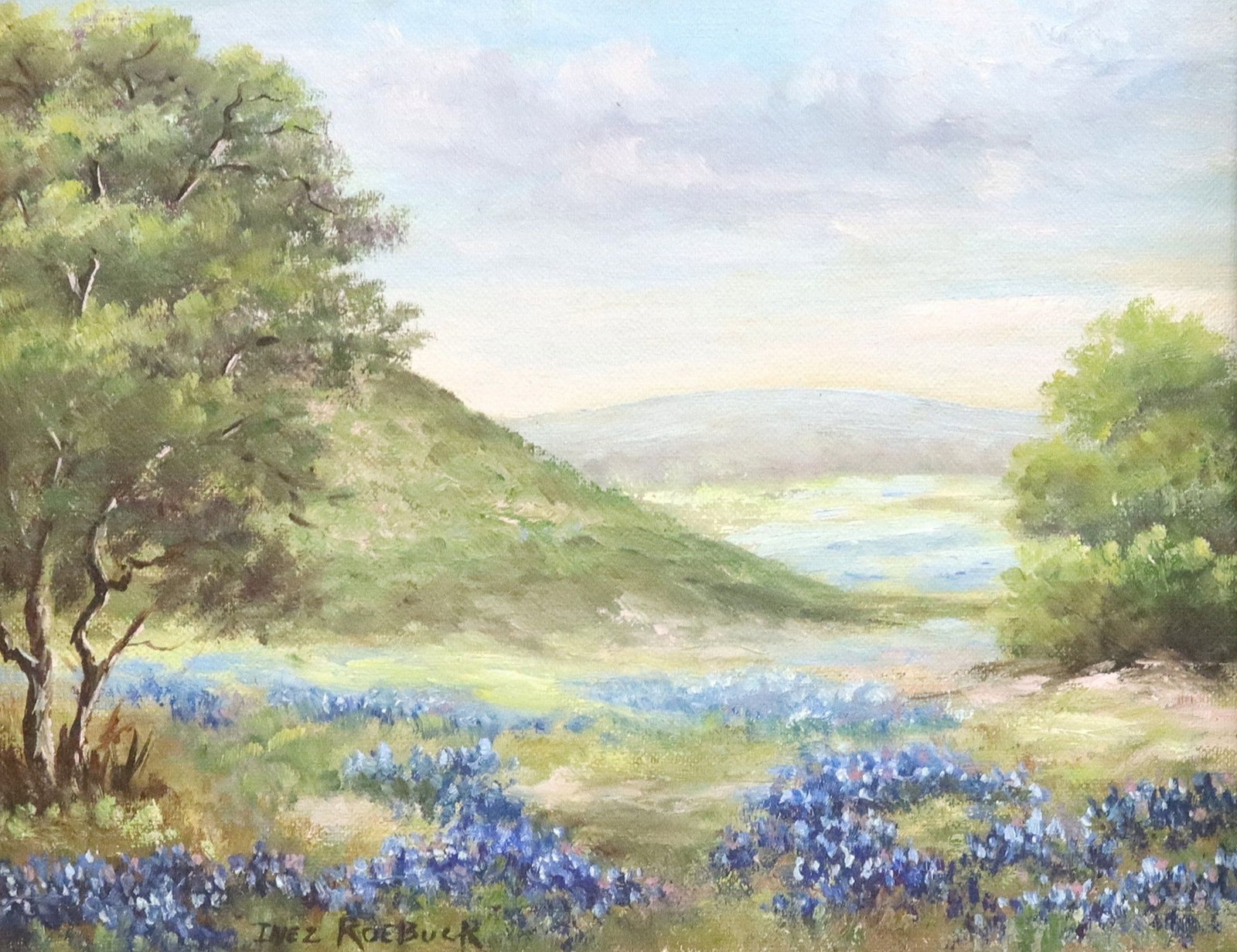 INEZ ROEBUCK (1908-2006) HILL COUNTRY BLUEBONNETS, 8" X 10": Framed oil painting on board, Bluebonnets & Hill Country, signed lower left Inez Roebuck (Inez Broussard Roebuck, Indiana, Texas, Louisiana, 1908-2006), sight: approx 7.5"h, 9.5"w, overa