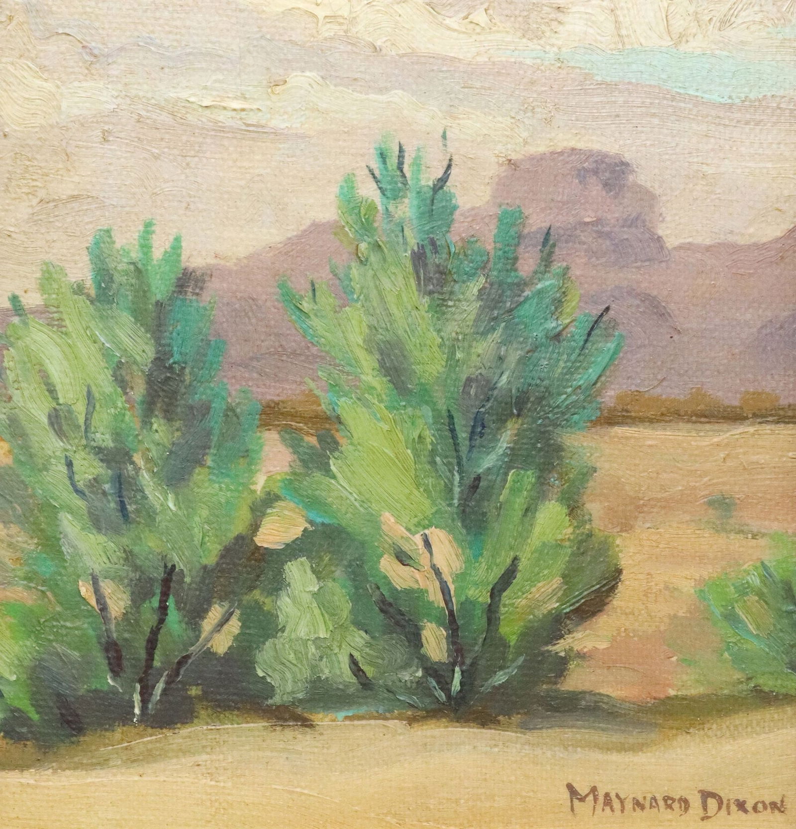 MAYNARD DIXON (1875-1946) DESERT LANDSCAPE, 7.5" X 7.5": Framed oil painting on board, Desert Sage & Mountains, signed lower right Maynard Dixon (California, Arizona, 1876-1946), sight: approx 7.1/8"h, 6.75"w, board: 7.5"h, 7.5"w, ov