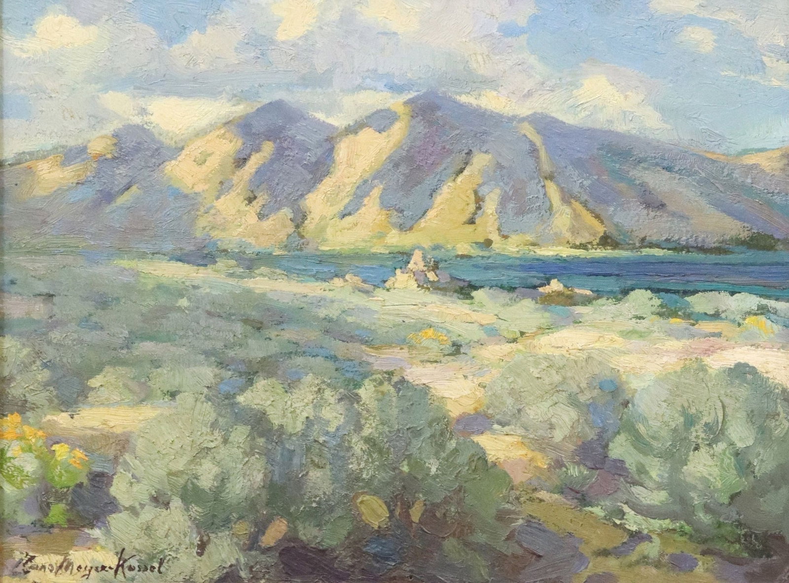 HANS MEYER-KASSEL (1872-1952) NEVADA MOUNTAIN LANDSCAPE: Framed oil on board painting, Nevada Mountain Landscape, signed lower left Hans Meyer-Kassel (German-American, 1872-1952), sight: approx 11.5"h, 15.5"w, overall: 16.75"h, 20.7