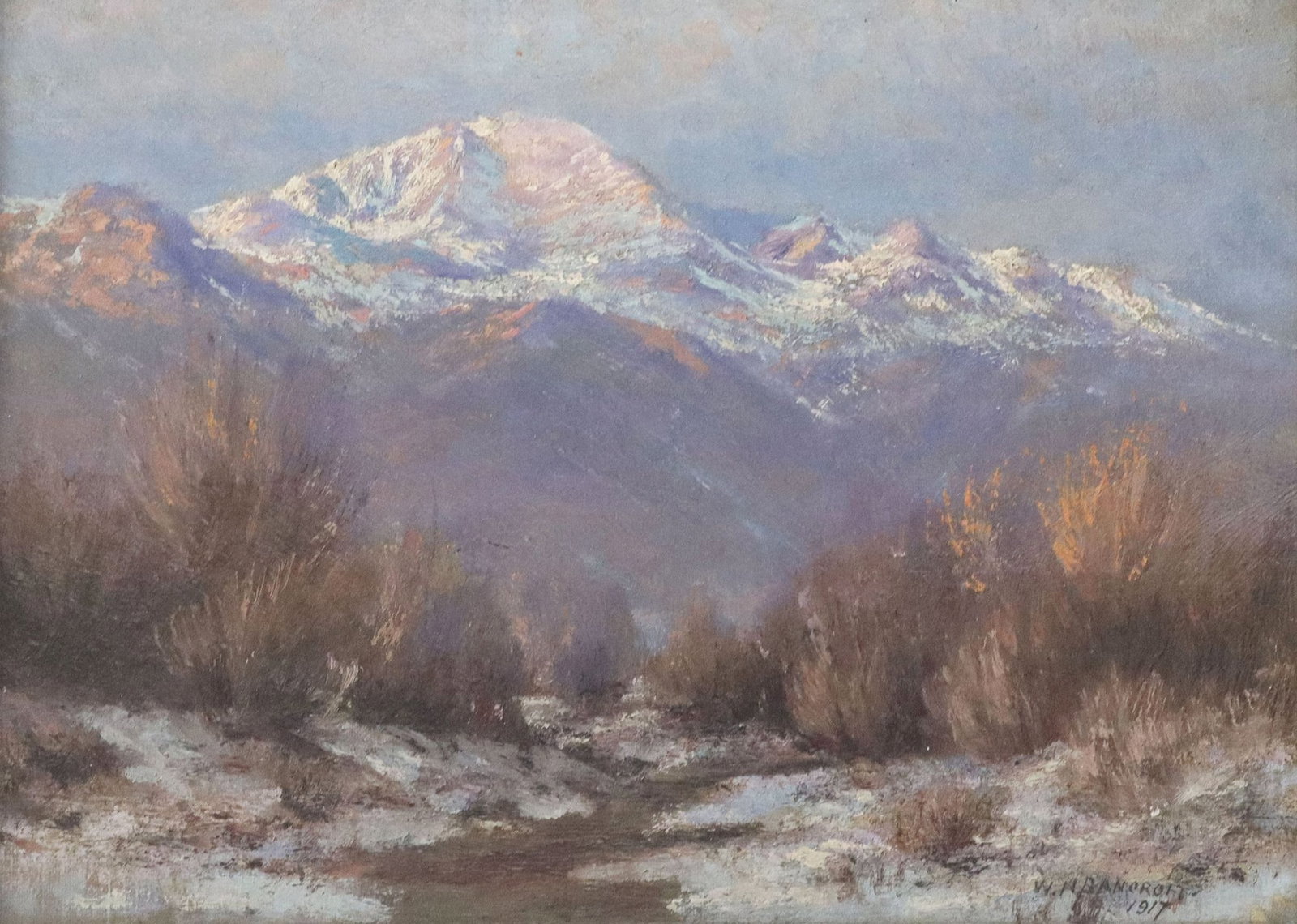 WILLIAM HENRY BANCROFT (1860-1932) 'EARLY MORNING ON PIKES PEAK': Framed oil on board painting, "Early Morning on Pikes Peak," signed lower right W.H. Bancroft (William Henry Bancroft, English-born American, active in Colorado, 1860-1932), dated 1917,
