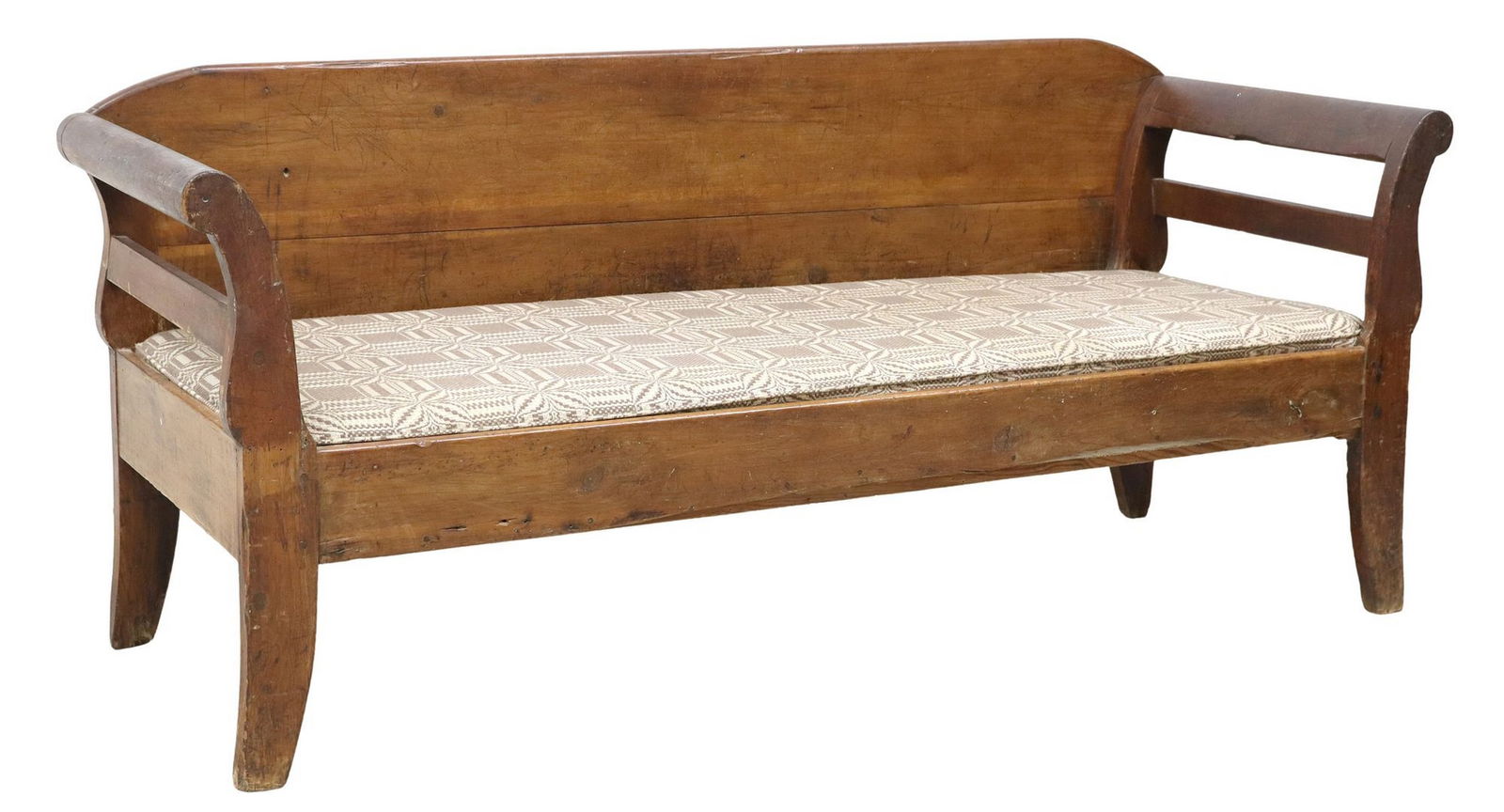 TEXAS SCROLL ARM PINE SETTLE OR HALL BENCH, 19TH C.: American pine settle/ hall bench, Texas, mid-late 19th c., having rounded back and arms, padded seat in patterned fabric upholstery, rising on squared supports, typical mars to back and feet, approx 3