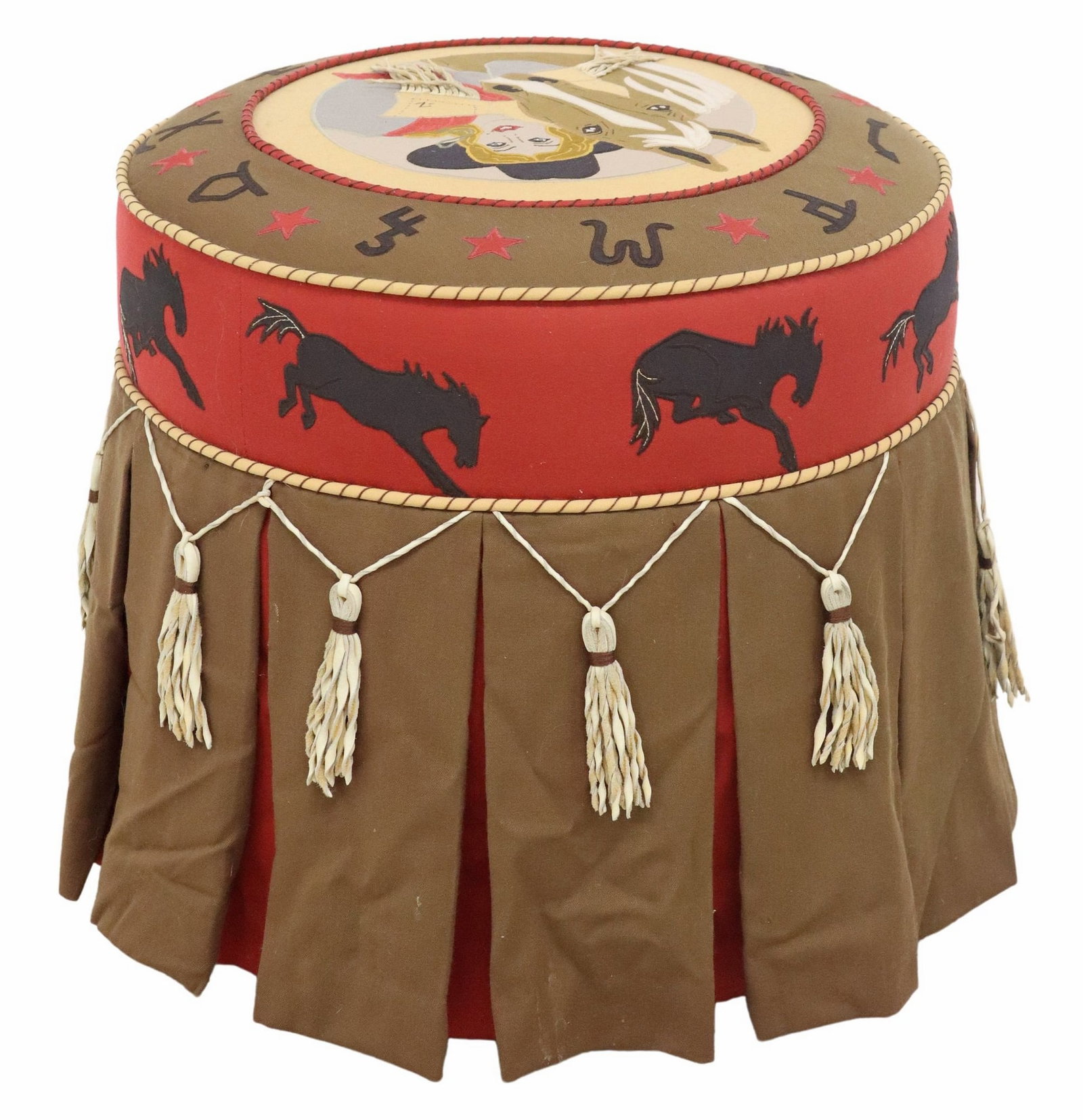 ANNE BEARD CUSTOM FURNISHINGS WESTERN-STYLE 'COWGIRL CAMEO' OTTOMAN: Western style coffee table/ ottoman, "Cowgirl Cameo," Anne Beard (American, 20th c.), numbered 788, dated 1/2000, having embroidered wool gabardine upholstery, center applique