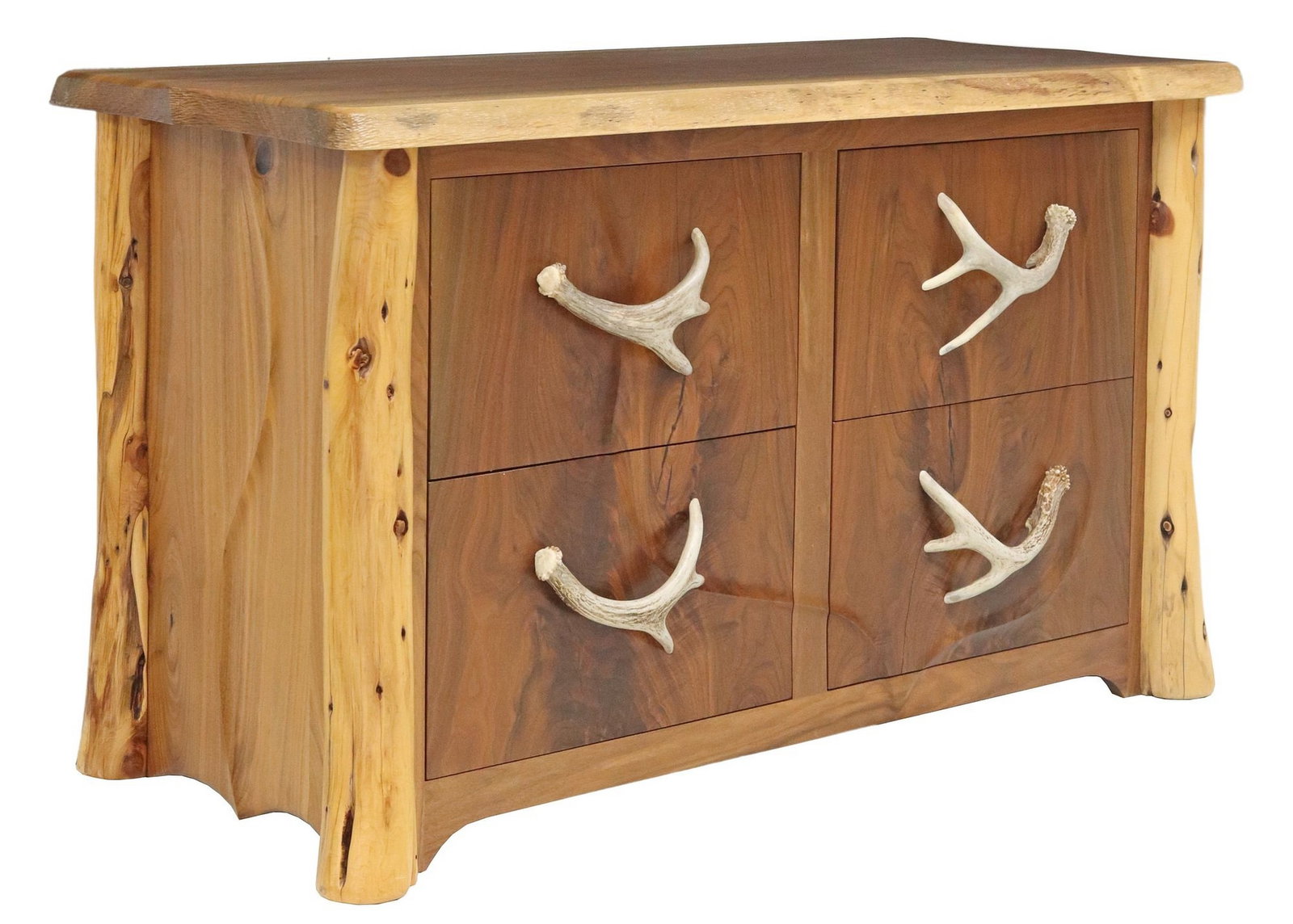 NORSEMAN DESIGNS WESTERN-STYLE LIVE EDGE FOUR-DRAWER DRESSER: Live-edge wood dresser, Norseman Designs West (John and Ian Gallis), Cody, Wyoming, 21st. c., the top with textured edge, over four fitted drawers with antler handles, makers plaque to the interior dr