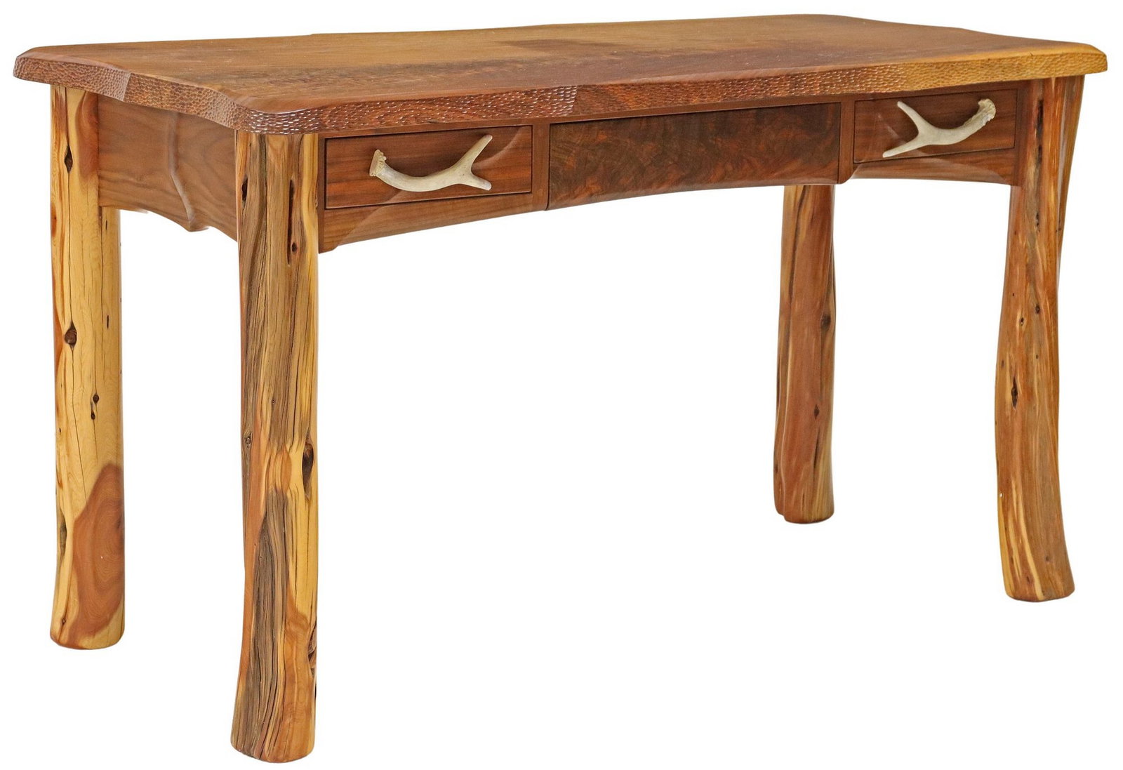 NORSEMAN DESIGNS WESTERN-STYLE LIVE EDGE WRITING DESK: Writing desk, Norseman Designs West, Cody, Wyoming, 21st c., live edge wood slab desktop, three frieze drawers, outer two with antler pulls, center drawer with integral pen tray, on four juniper log s