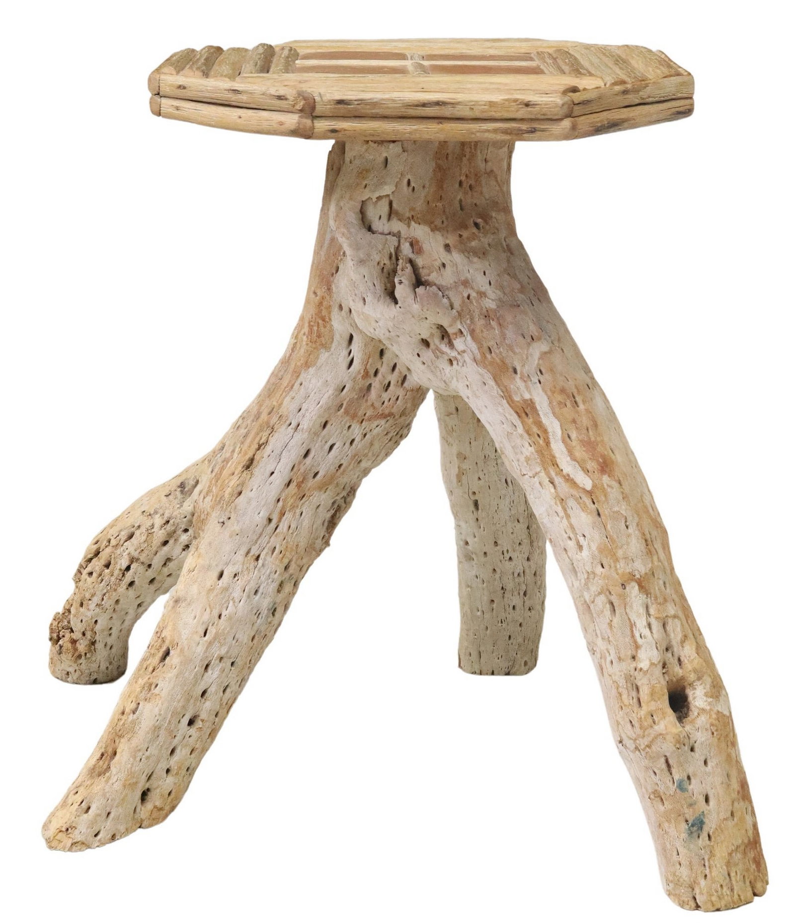 SOUTHWEST NATURALISTIC TILE-TOP CHOLLA CACTUS SIDE TABLE/PEDESTAL, ARIZONA: Rustic Southwest Cholla cactus side table, Desert Treasures, Mesa, Arizona, 20th c., having octagonal top with four inset terracotta tiles, rising on naturalistic trunk-form base, retaining maker
