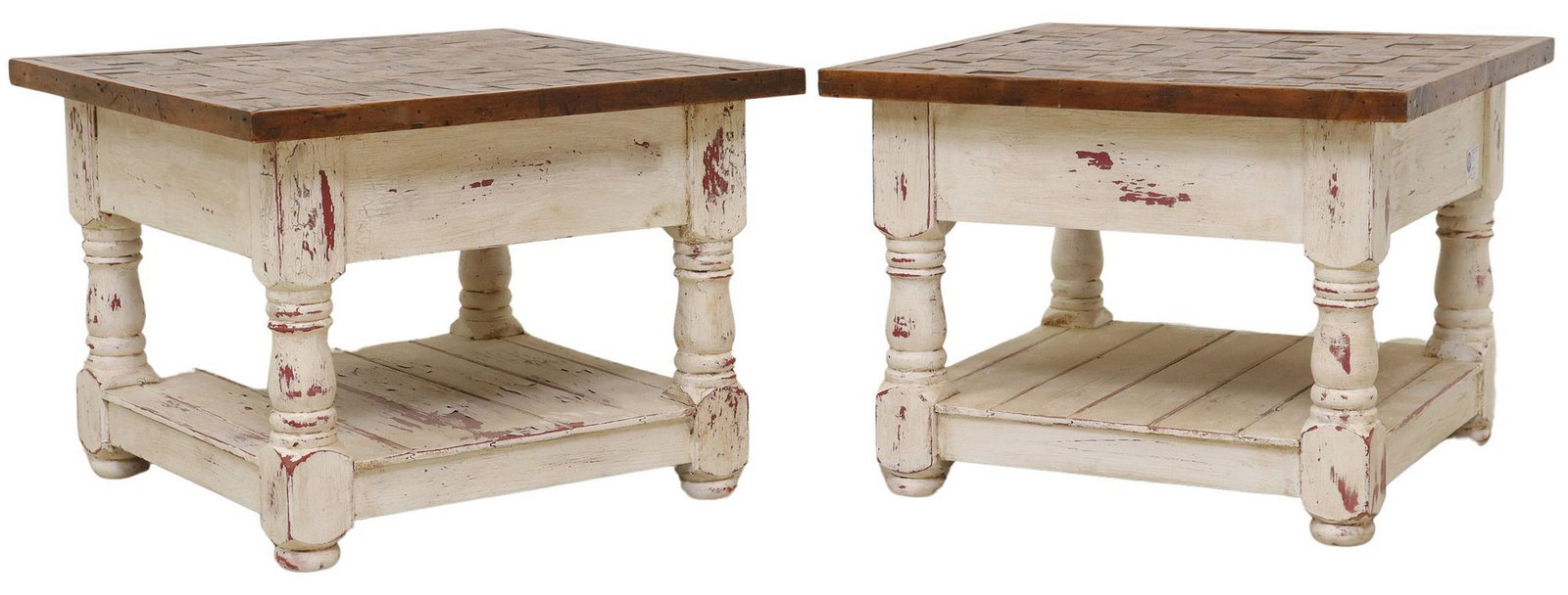 (2) RUSTIC PARQUETRY TOP & PAINTED SIDE TABLES: (pair) Rustic farmhouse style side tables, having squared top with geometric paneling, in a distressed paint finish, rising on turned legs, joined by lower shelf, approx 18"h, 24.25&quo