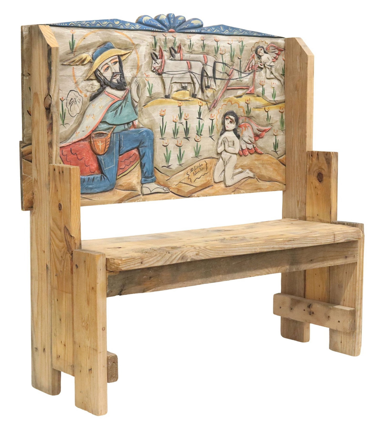 SOUTHWEST NEW MEXICO CARVED BENCH, SAINT ISIDORE THE LABORER: Southwest carved and polychrome painted hall bench, New Mexico, having high back with fanned crest, over carved scene depicting San Isidro Labrador (Saint Isidore the Laborer), rising on stepped 