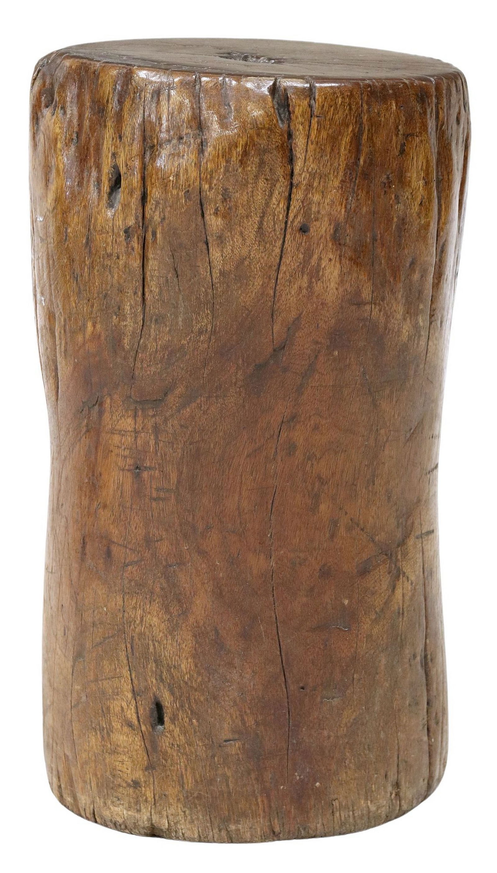 NATURALISTIC STUMP-FORM WOOD STOOL OR SIDE TABLE: Naturalistic wood stump stool/ side table, of organic form with live edge, approx 21"h, 12"w, 11.5"d **Provenance: A luxury home in Westlake Hills, Texas**