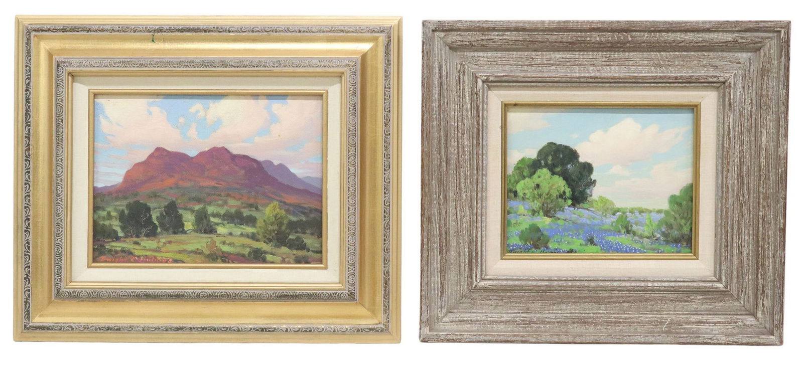 (2) DWIGHT C. HOLMES (D.1986) PAINTINGS LANDSCAPE & BLUEBONNETS: (2) Framed oil on board paintings, each signed lower left Dwight C. Holmes (Dwight Clay Holmes, Texas/ California, 1900-1986), including: (1) "Schnedley Road #7 N.E. Sedona Arizona," ti