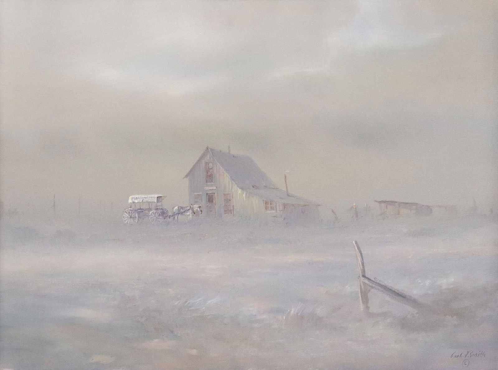 CARL J. SMITH (D. 1928) TEXAS WINTER PAINTING: Framed oil painting on canvas, Winter, Horse Drawn Wagon & House, signed lower right Carl J. Smith (Texas, b. 1928), sight: 17,5"h, 23.25'w, canvas: 18"h, 24:w, overall; 29