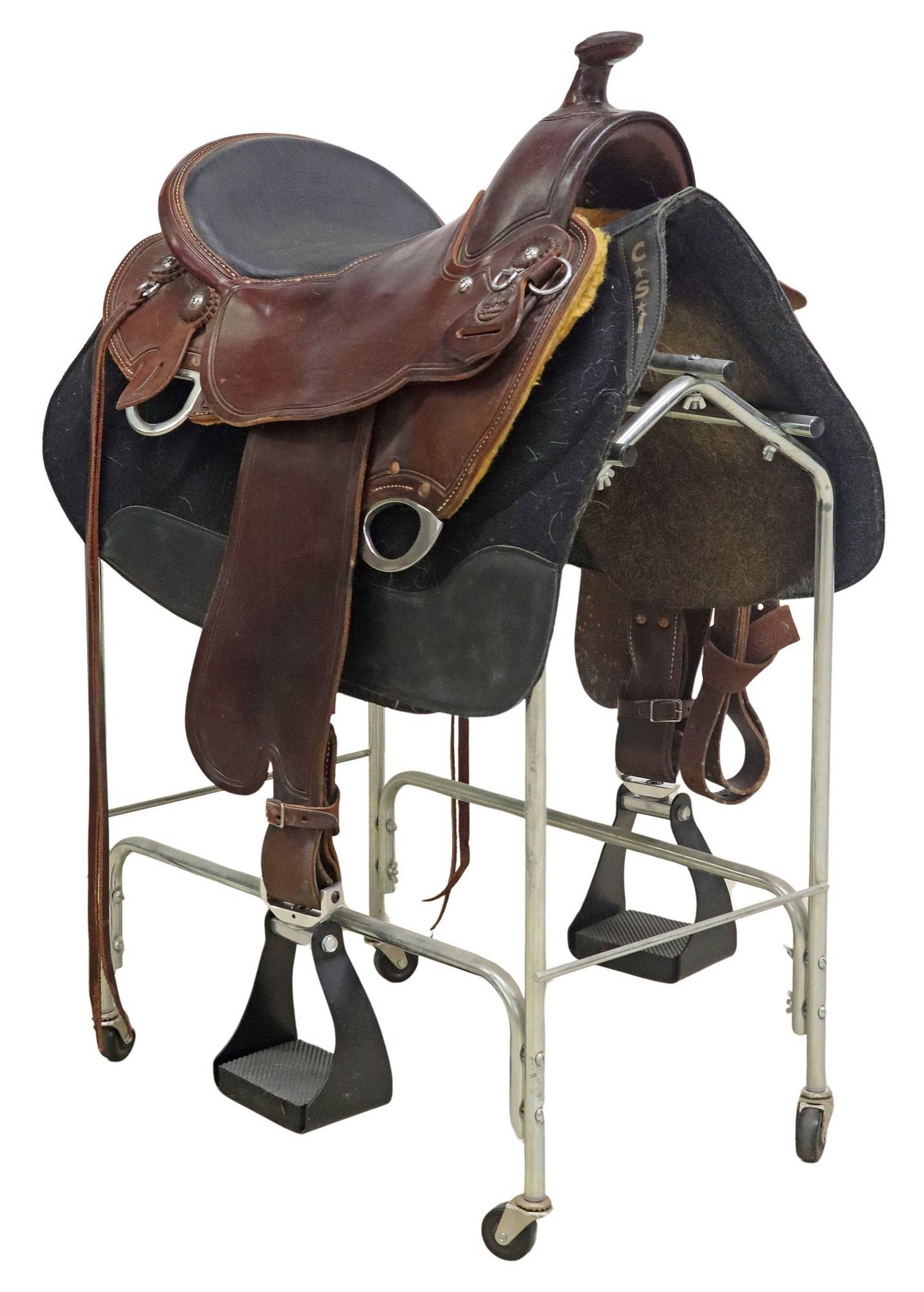 (2) WESTERN LEATHER GAITWAY/ MCCALL CO. SADDLE & CSI SADDLE PAD: (lot of 2) Western saddle and saddle pad, including: (1) brown leather saddle, GaitWay Saddle Company/ McCall Saddle Company, 16" seat, with contrast white stitching and black leather seat, silve