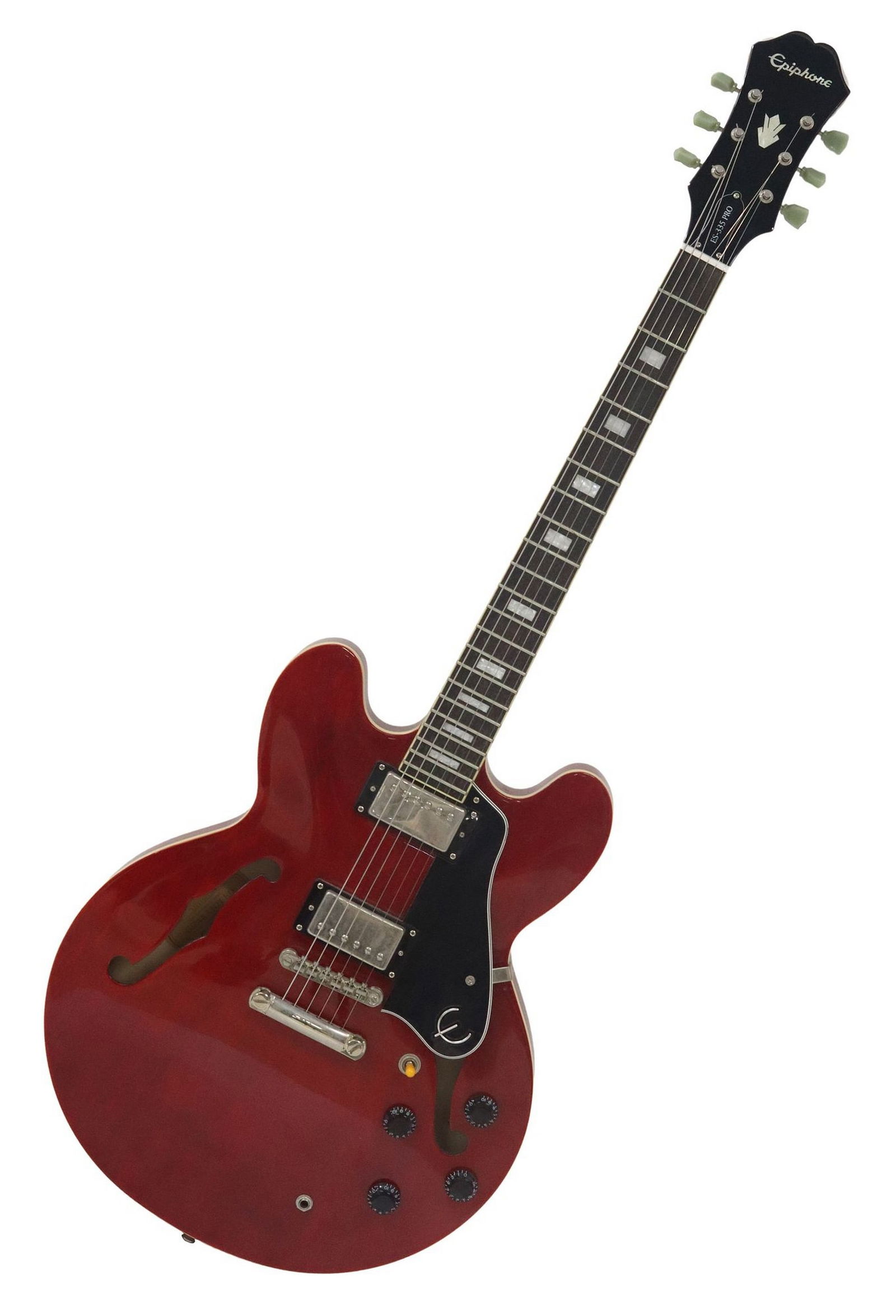 EPIPHONE E-335 PRO CHERRY SEMI-HOLLOW ELECTRIC GUITAR & HARD CASE: Epiphone ES-335 Pro semi-hollow electric guitar, cherry finish, serial number 13111501104, accompanied by Washburn hard shell case, guitar: approx 43"l, 16"w, 2.5"d, overall in case: approx 46"l, 19.5