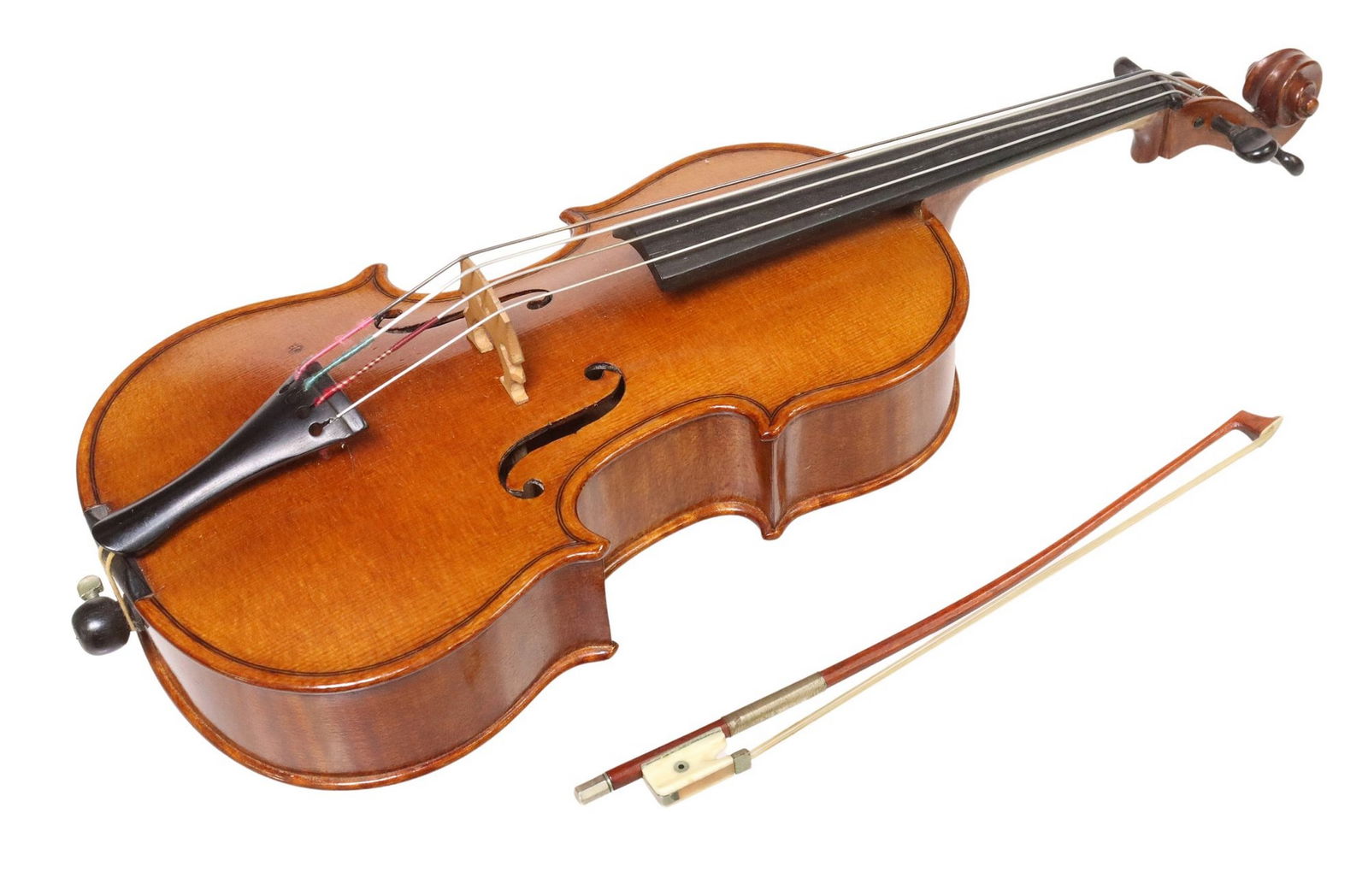 GERMAN MINIATURE VIOLIN & BOW IN ROSEWOOD CASE: Miniature violin, hand-written label "Robert Lüer, Gera Reuss, 1906," spruce top, figured maple ribs and two-piece back, housed along with a miniature bow in a lined rosewood case, violin body: appro