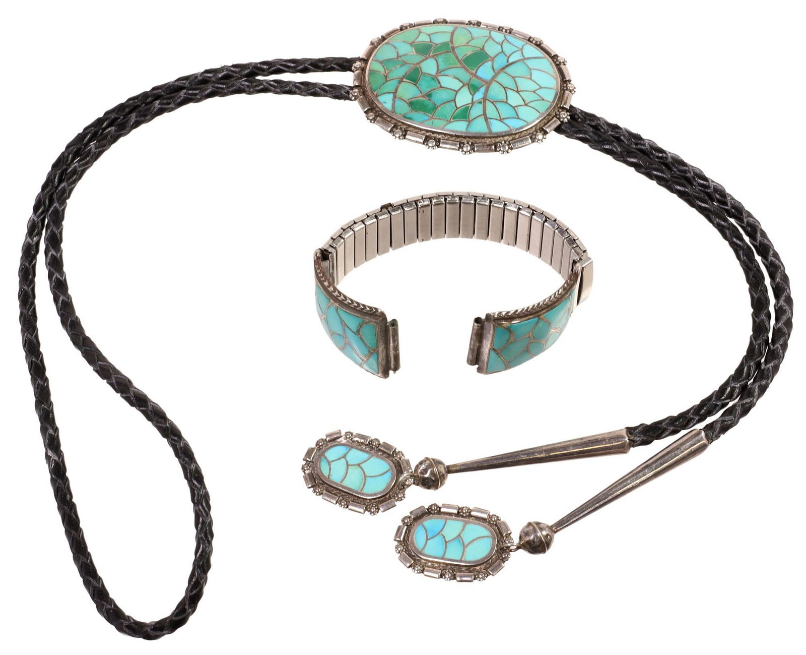 (2) NATIVE AMERICAN SILVER & TURQUOISE MOSAIC BOLO TIE & WATCH TIPS: (lot of 2) Native American silver (content unknown) bolo tie and watch tips, each with turquoise mosaic inlay, including: (1) bolo tie, signed C. Haloo (Carmichael Haloo, Zuni, New Mexico), having ovu