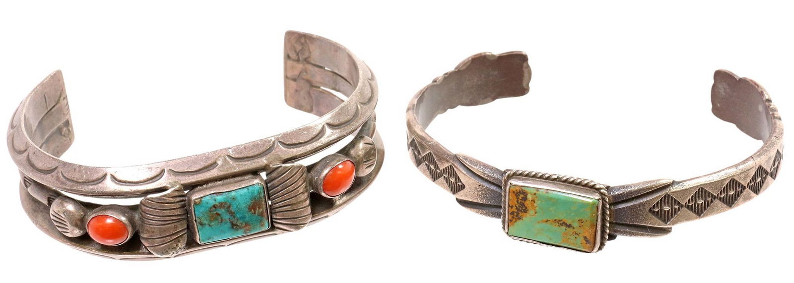 (2) NATIVE AMERICAN SILVER, TURQUOISE & RED CORAL CUFF BRACELETS: (lot of 2) Native American silver cuff bracelets, including: (1) signed MC (Martha Cayatineto, Navajo/ Dine, 20thc.), sterling stampwork cuff centering a bezel-set turquoise plaque, hallmarked st