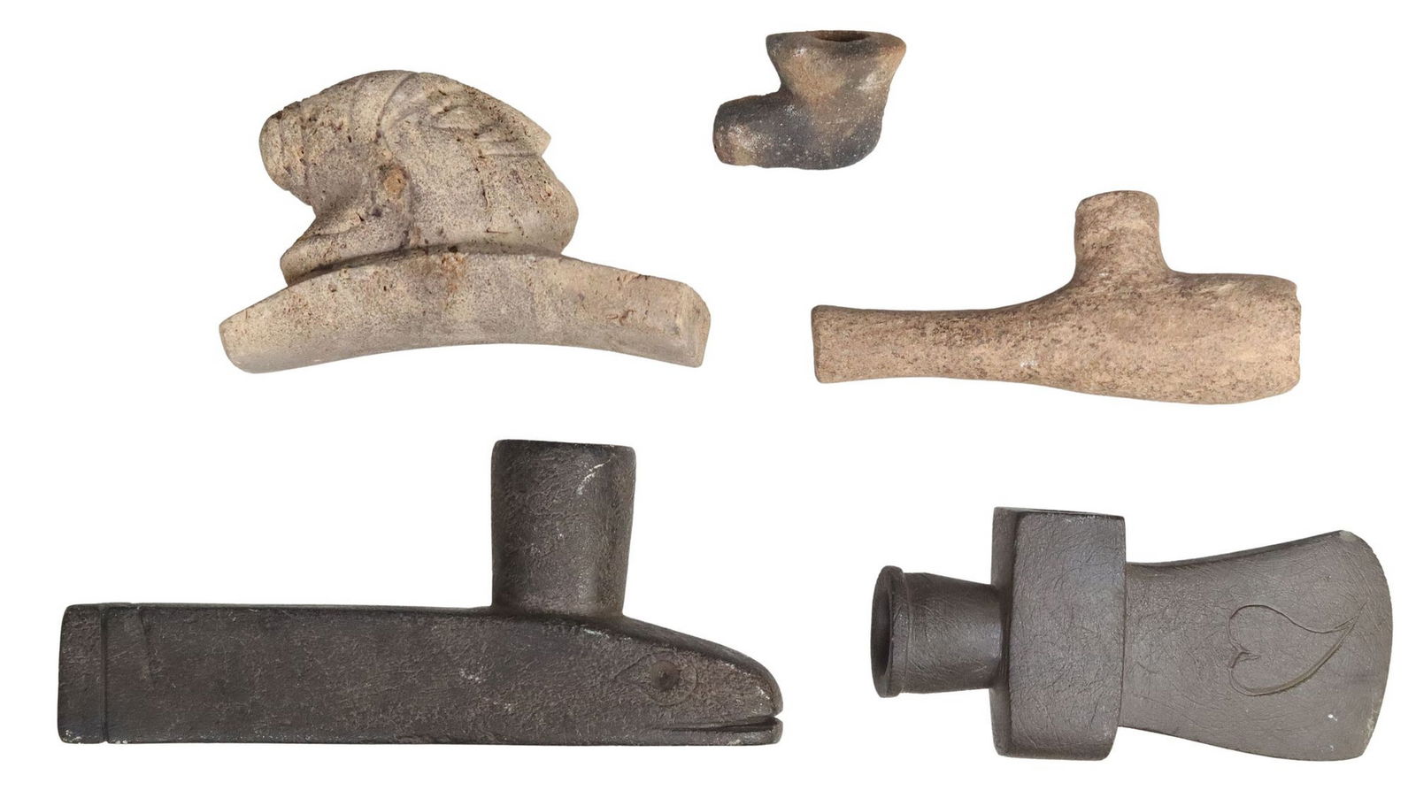 (5) STONE & CLAY PIPES: (lot of 5) Stone or Clay Pipes: (1) possibly clay pipe, the air passage end almost 7/8" irregular diameter, the short bowl with no visible lines, approx. 1.7/8"h, 4.25"w, 1.