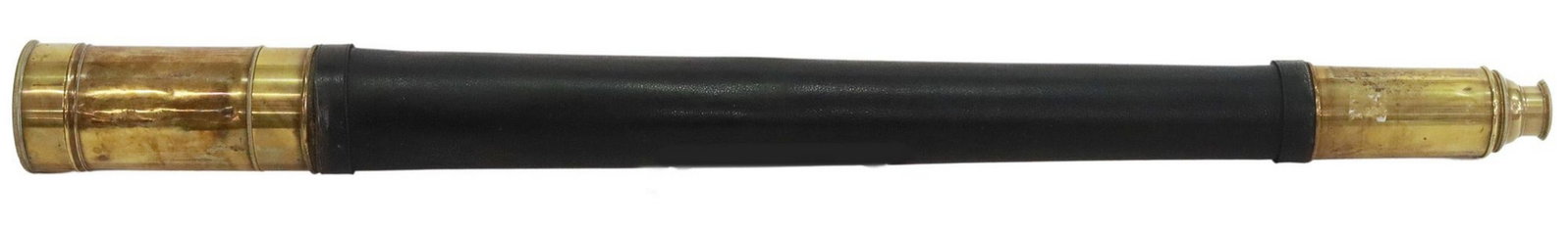 FRENCH E. LORIEUX BRASS & LEATHER NAVAL TELESCOPE: French brass marine telescope/ spyglass, Edmond Lorieux Pere a Paris, mid 19th c., eye lens with sliding lens protector, leather-clad body, protective cap over objective lens, closed: approx 31.25&quo