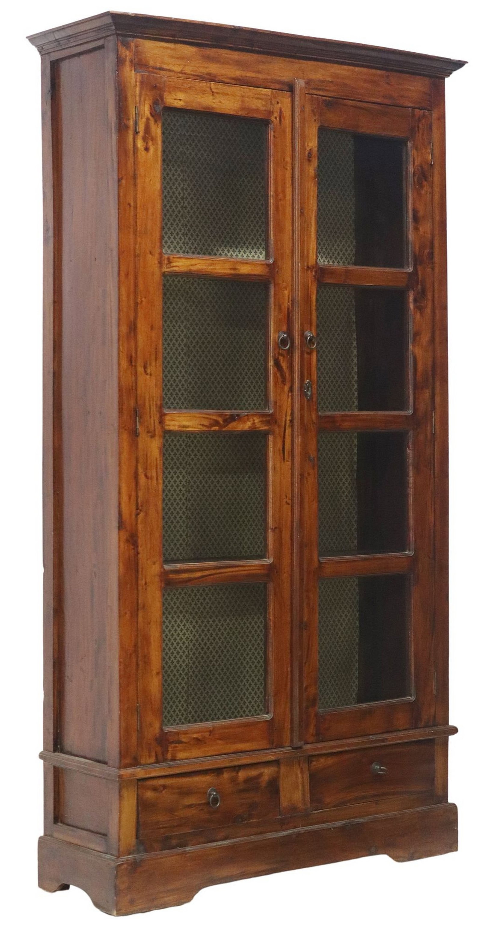 RUSTIC TWO-DOOR BOOKCASE / DISPLAY CABINET: Rustic bookcase / display cabinet, early 20th c., having stepped cornice, over dual glazed cabinet doors, revealing shelved interior, above two exterior drawers, rising on bracket feet, approx 71