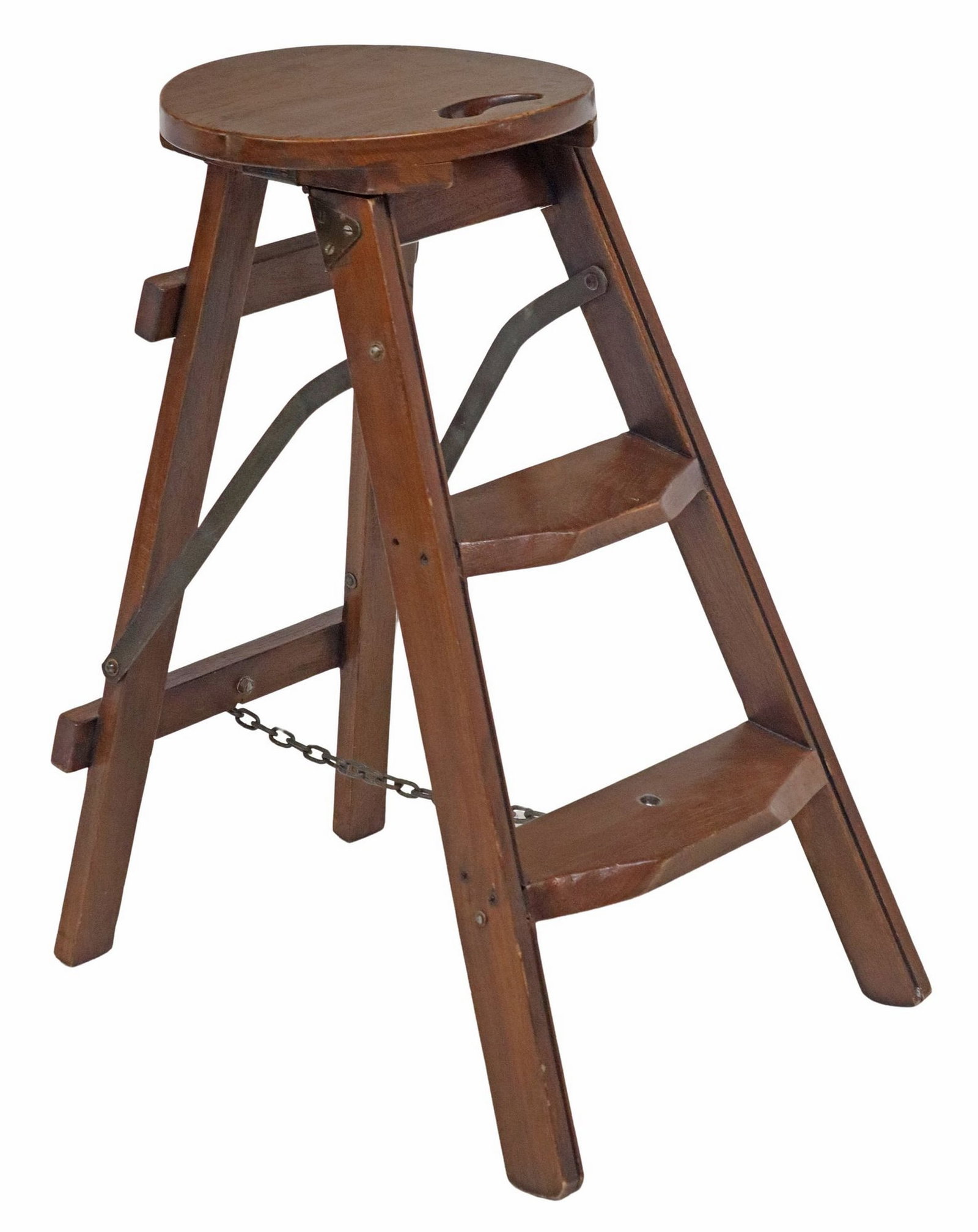 COLLAPSIBLE FOLDING WOOD LADDER STOOL: Collapsible ladder stool, 20th c., having circular top with pierced handle, over folding ladder frame, with patinated metal hardware, open: approx 25"h, 21"w, 13"d **Provenance: A 