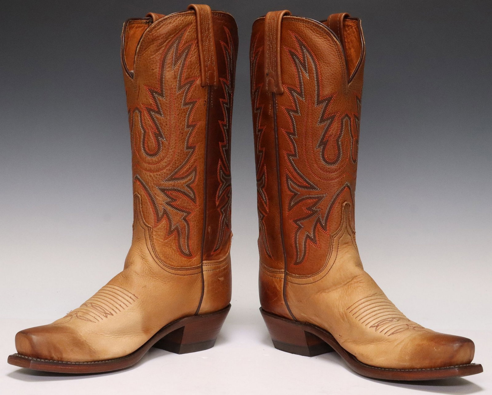 (PR) WOMEN'S LUCCHESE HERITAGE HANDMADE LEATHER BOOTS: (pr) Women's Lucchese Heritage handmade leather cowboy boots, marked size 7B, style number KD45027, with stitched shaft, leather vamp and toe, accompanied by original box, reta