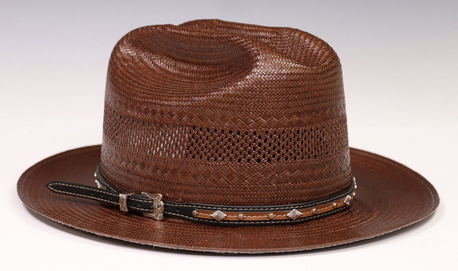 STETSON OPEN ROAD STRAW HAT, SIZE 7: Stetson Open Road Straw Hat, chocolate brown, band with silver tone diamond forms, shows little wear, tagged size 7, shipping box approx. 8.5"h, 16"w, 15"d, 1.80lbs