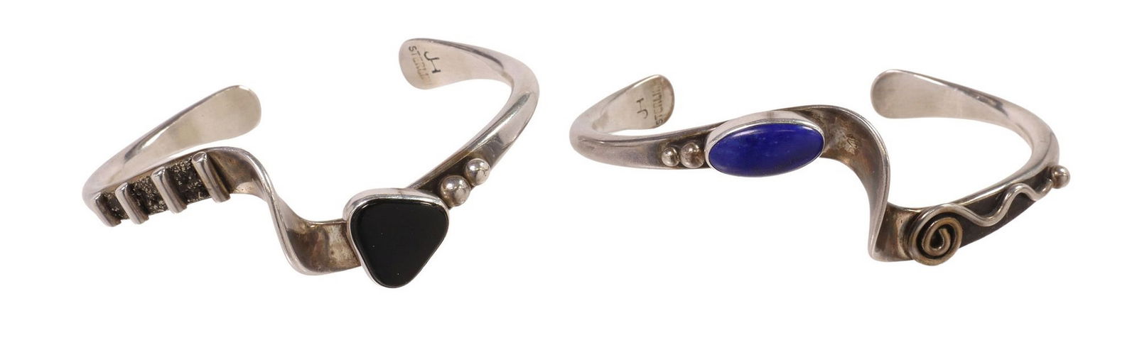 (2) SOUTHWEST JOHN HARTMAN STERLING CUFF BRACELETS: (lot of 2) Southwest sterling silver cuff bracelets, signed JH (John Hartman), (one) lapis lazuli, (one) black onyx, interior: approx 5.5"l, gap: approx 1"w; 44.4 grams total (incl