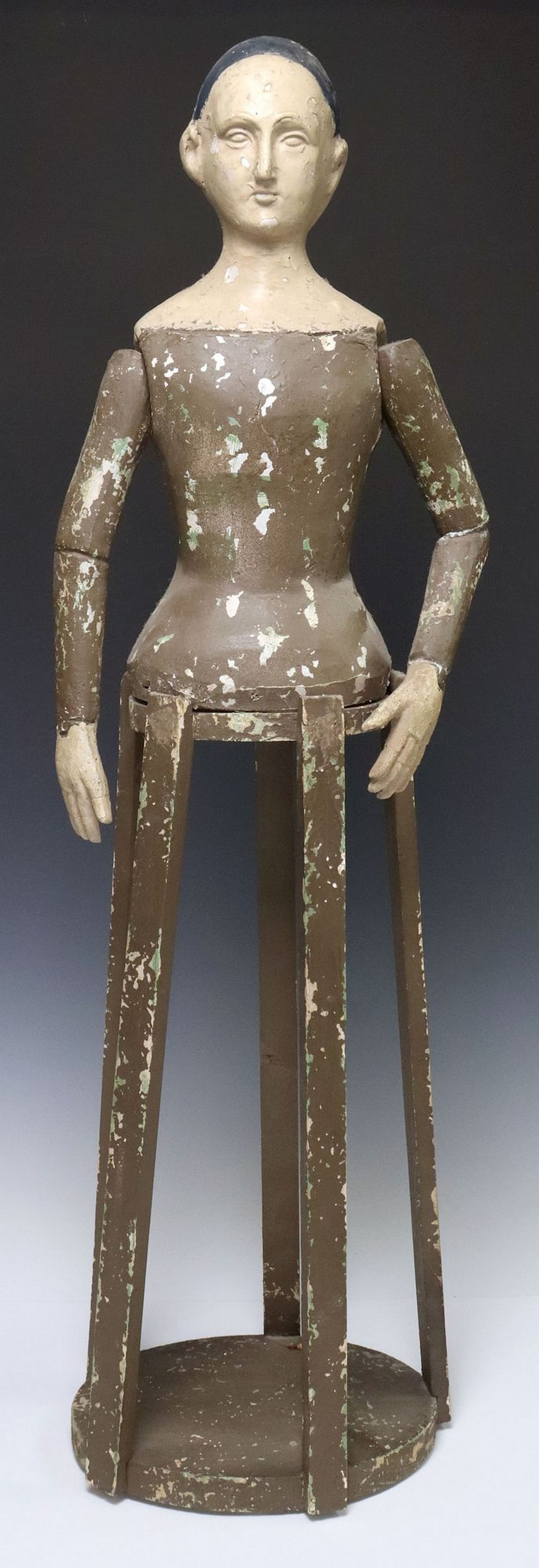 LARGE CARVED & PAINTED RELIGIOUS SANTO CAGE DOLL FIGURE, 32.5"H: Carved and polychrome painted wood Santo/ cage doll figure, having articulated arms over open cage skirt base, lacking garments, approx 32.5"h, 9.5"w, 7.75"d, 5.25lbs 
