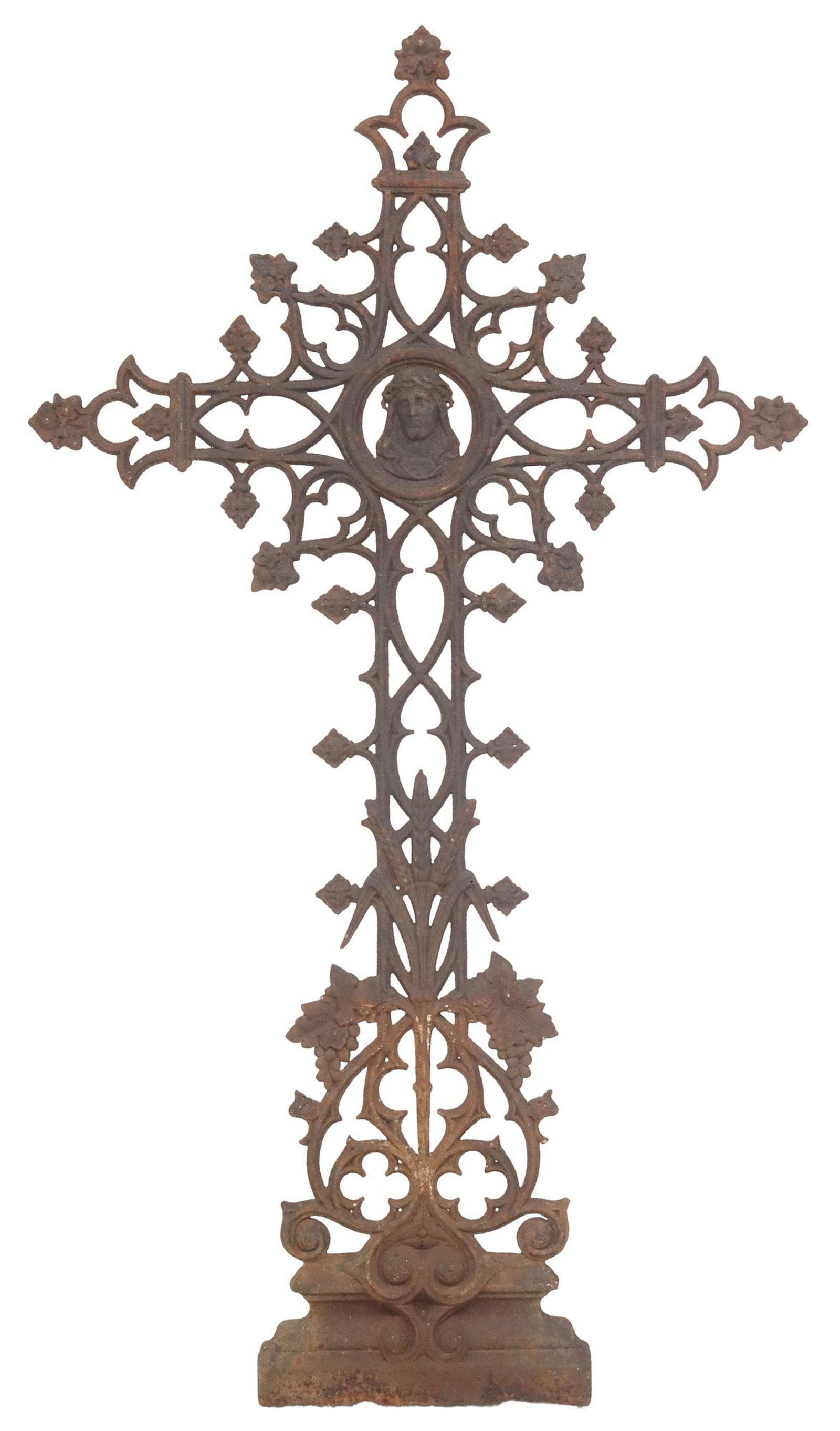 FRENCH GOTHIC REVIVAL CAST IRON CROSS, 19TH C.: French Gothic Revival cast iron cross, 19th c., central portrait medallion of Christ, surrounded by cross with tracery and trefoil motifs, cast ecclesiastic grapevines and wheat, approx 60"h, 34&