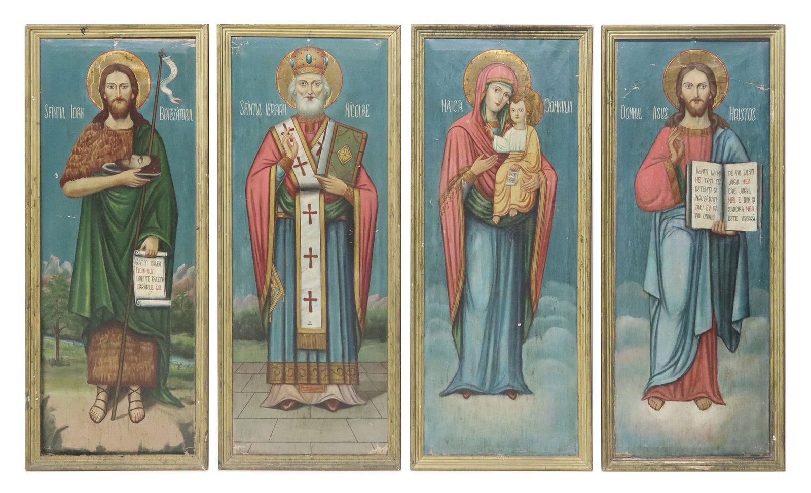 (4) ROMANIAN ORTHODOX ICONS FULL-LENGTH PAINTINGS OF SAINTS: (lot of 4) Framed oil on canvas paintings, including: (1) Jesus Christ, (1) Mary, Mother of God, (1) Saint John the Baptist, (1) Saint Nicholas; all displaying wear and paint loss, sigh