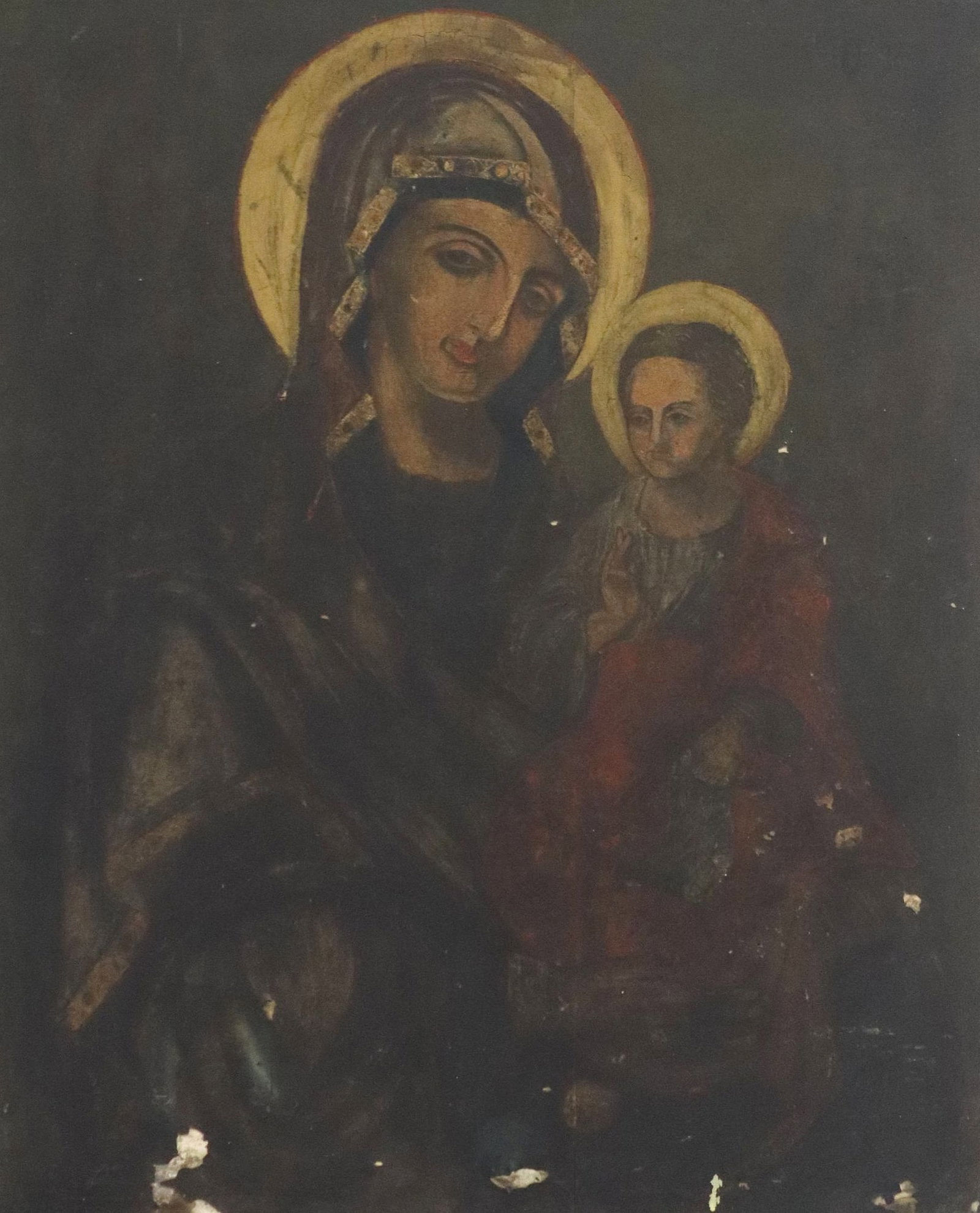 LARGE ROMANIAN ORTHODOX THEOTOKOS ICON ON WOOD PANEL, 34.5" X 27": Romanian Orthodox Theotokos icon, pigment on wood panel, Virgin Mary and Christ Child, triangular stamp verso, paint loss, overall: approx 34.5"h, 27"w, 1.5"d, 19.25lbs