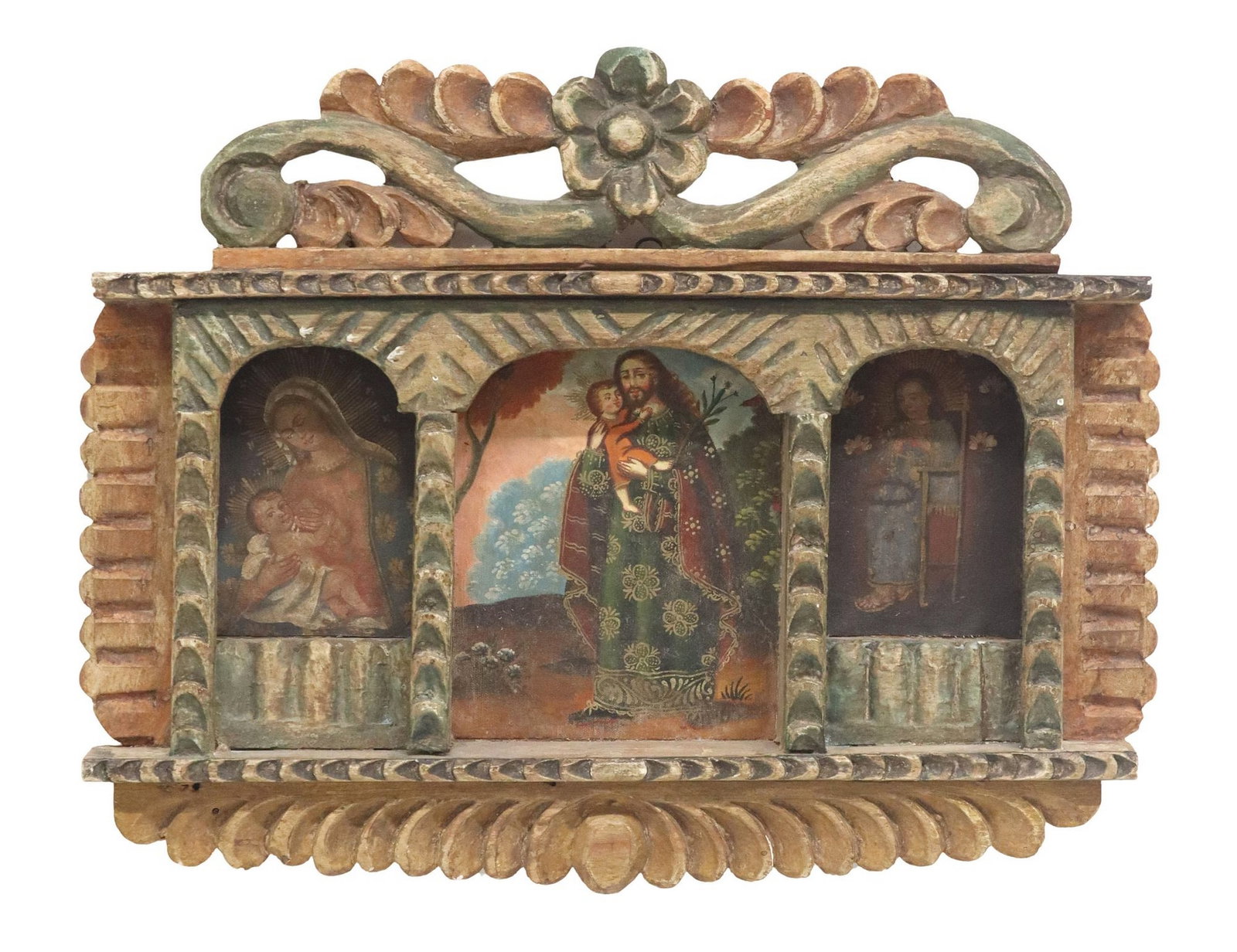 CUZCO SCHOOL-STYLE TRIPTYCH RETABLO SAGRADA FAMILIA: Cuzco School-style triptych retablo, carved and polychromed wood nicho frame, enclosing three paintings on canvas, depicting Nuestra Senora de La Leche, Saint Joseph, and Christ Child with a thorn, st