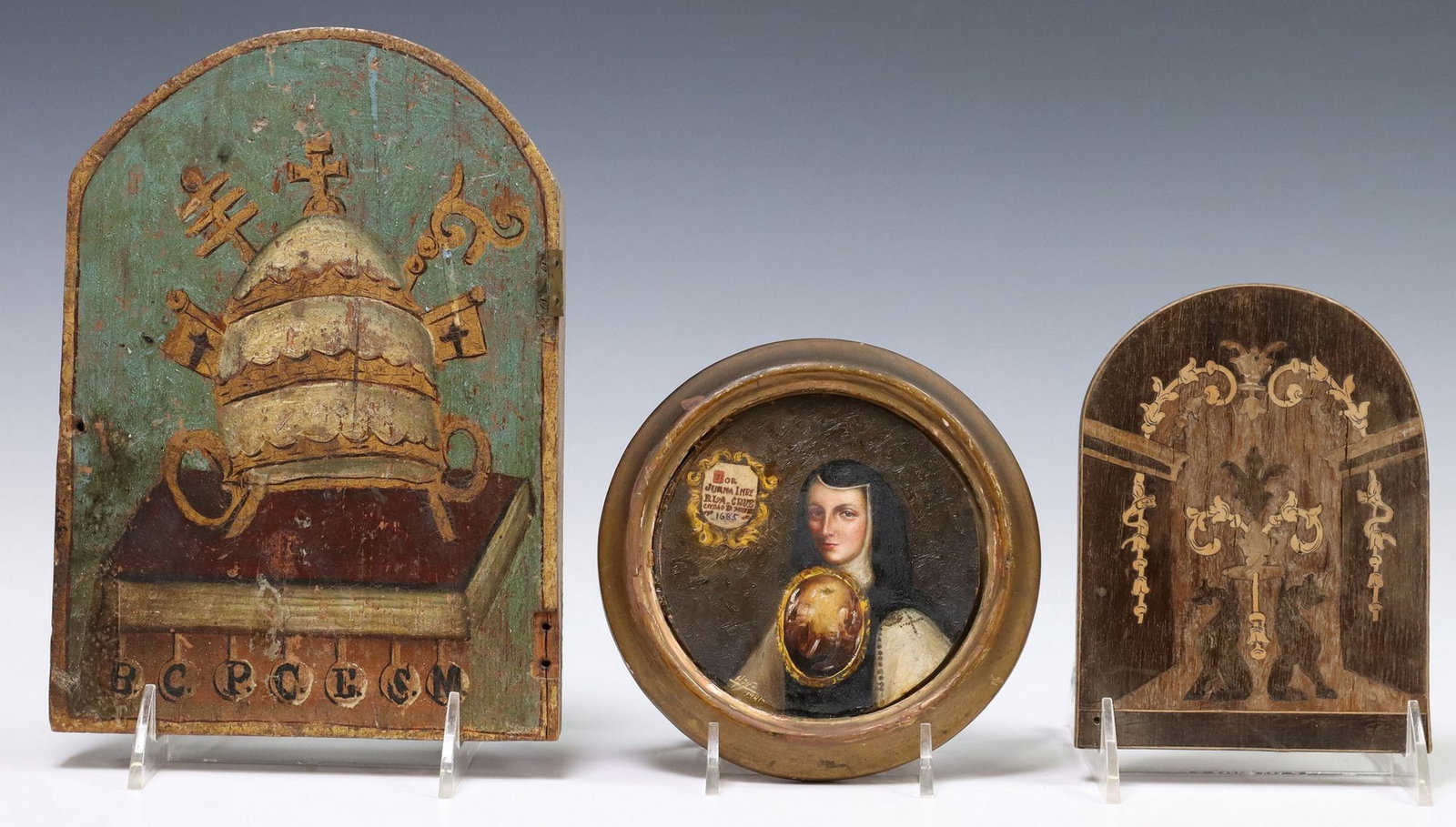 (3) TABERNACLE DOORS & MINIATURE OF SOR JUANA INES DE LA CRUZ: (lot of 3) Religious art objects, including: (1) wood tabernacle door, parcel-gilt and painted with the papal tiara and two crossed keys of Saint Peter, approx 8.75"h, 6.25"w, 0.75"