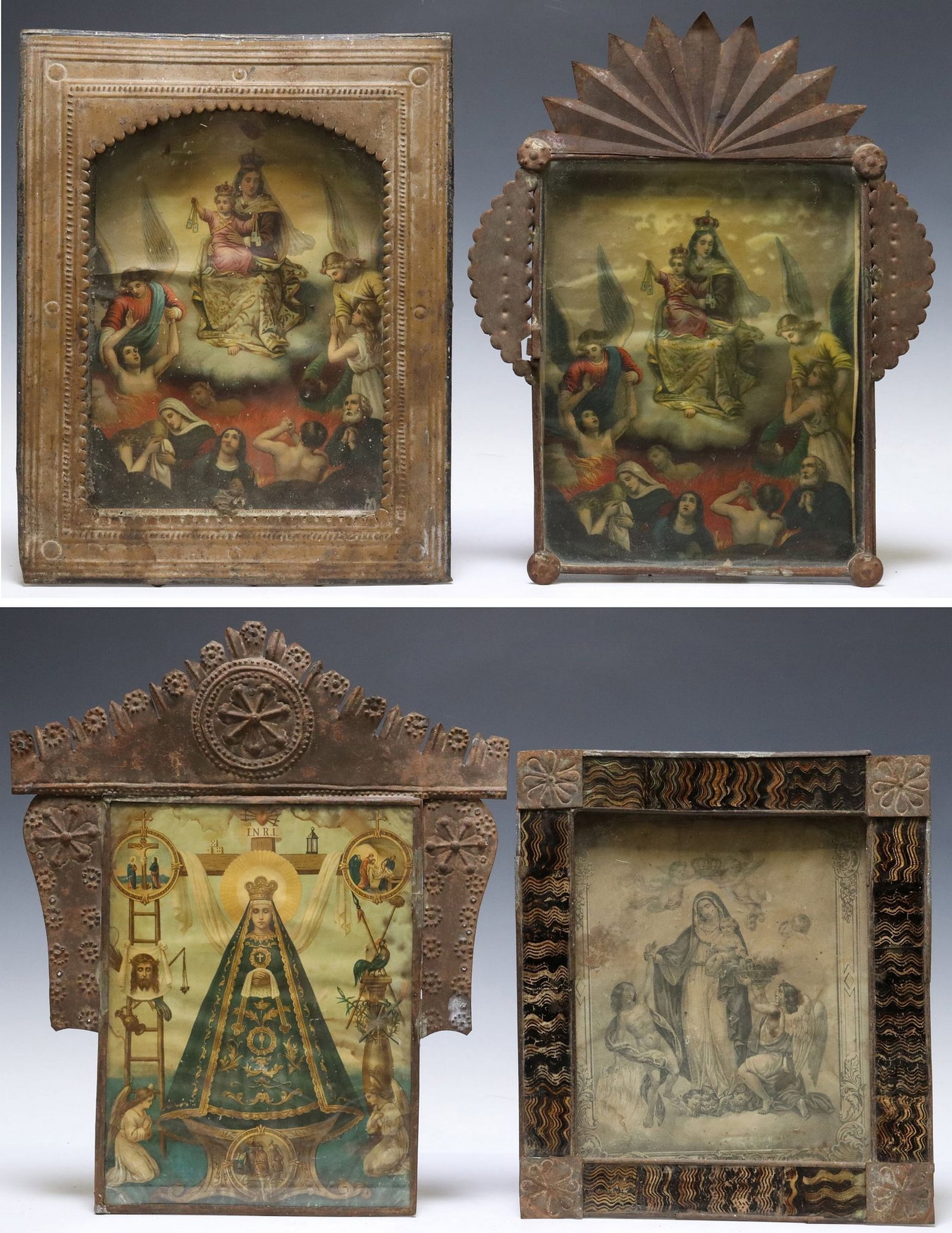 (4) FRAMED RELIGIOUS RETABLO PRINTS, MEXICO: (lot of 4) Framed retablo prints, Mexico, each housed in an embossed metal nicho/ frame, depicting images of Mary, including: (1) Nuestra Senora de la Soledad de Santa Cruz de Mexico, (2) Nu