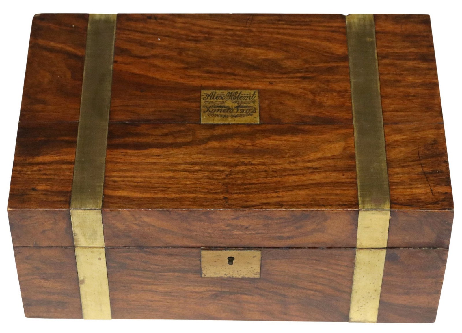 ENGLISH BRASS-BOUND MAHOGANY WRITING SLOPE/ TRAVEL DESK:  English brass-bound mahogany writing slope/ travel desk, late 19thc/early 20thc., having hinged lid with presentation plaque "Alex Klemt: X-mas 1903," opening to pen and ink recep