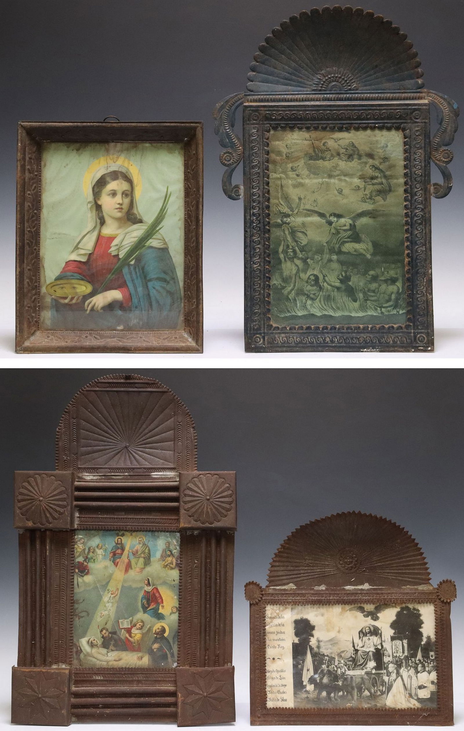 (4) FRAMED RELIGIOUS RETABLO PRINTS, MEXICO: (lot of 4) Framed retablo prints, Mexico, each housed in an embossed metal nicho/ frame, including: (1) St. Camillus de Lellis, (1) St. Lucia, (1) depicting Jesus Christ led by lions, inscribed &